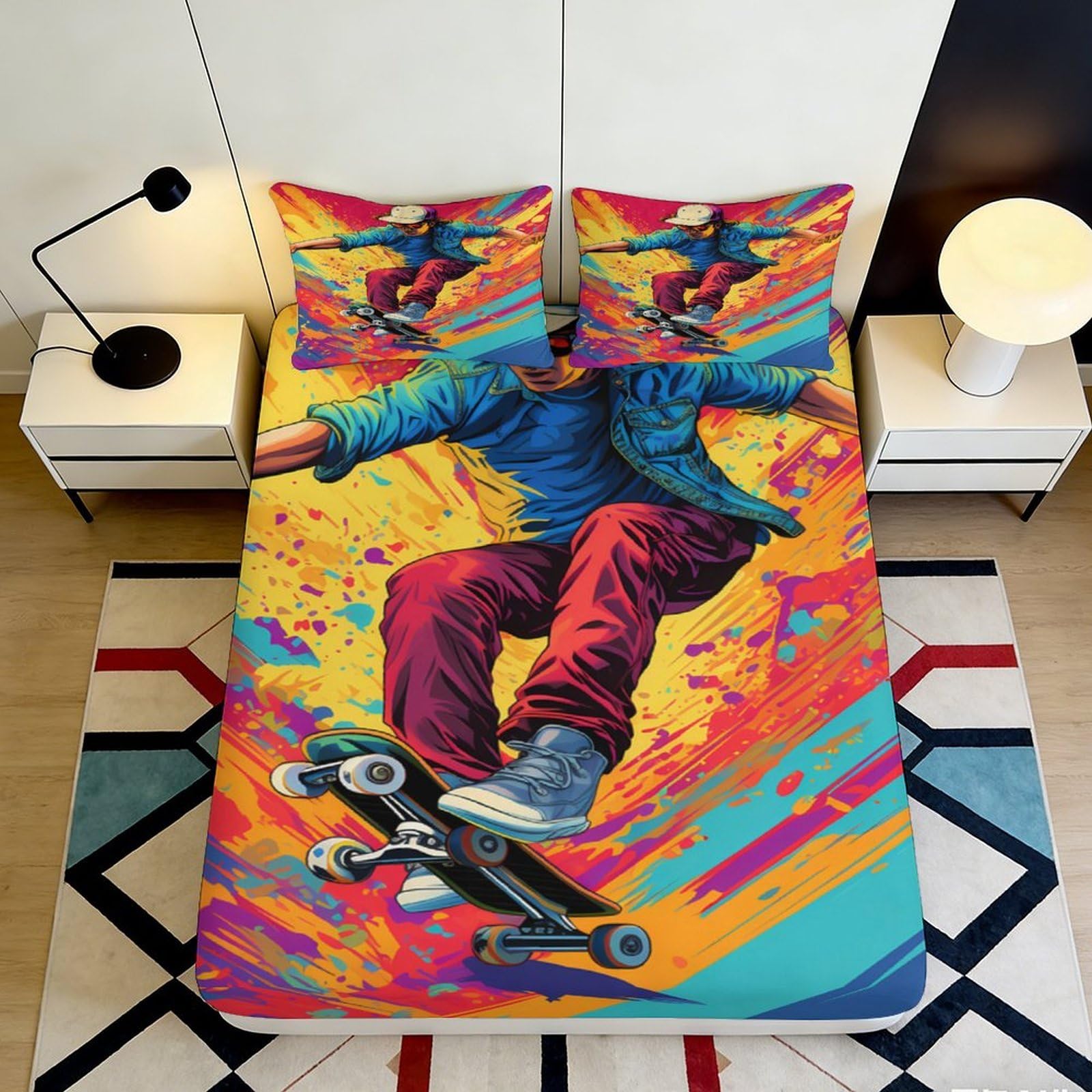 3D Printed Skateboard Graffiti Fitted Sheet Microfiber Vibrant Street Art Mattress Cover for Bedroom Dorm Decor 90x200x25cm