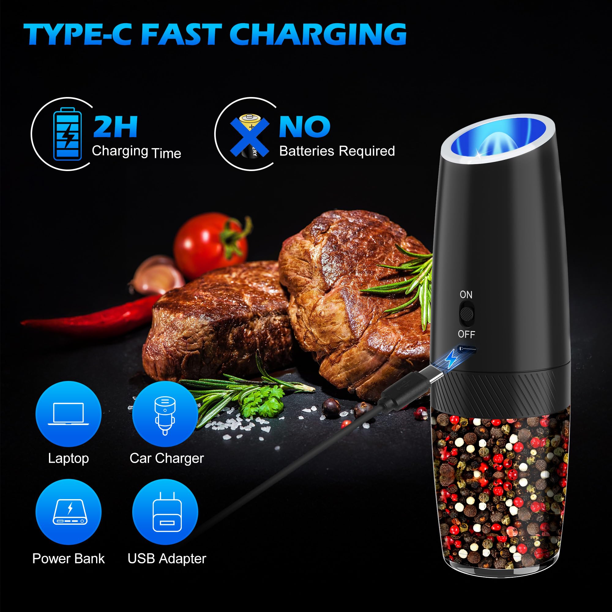 Macina Sale E Pepe Elettrico USB - Acciaio Inox, Luce LED, Regolabile, Set Di 2 - Foto 6