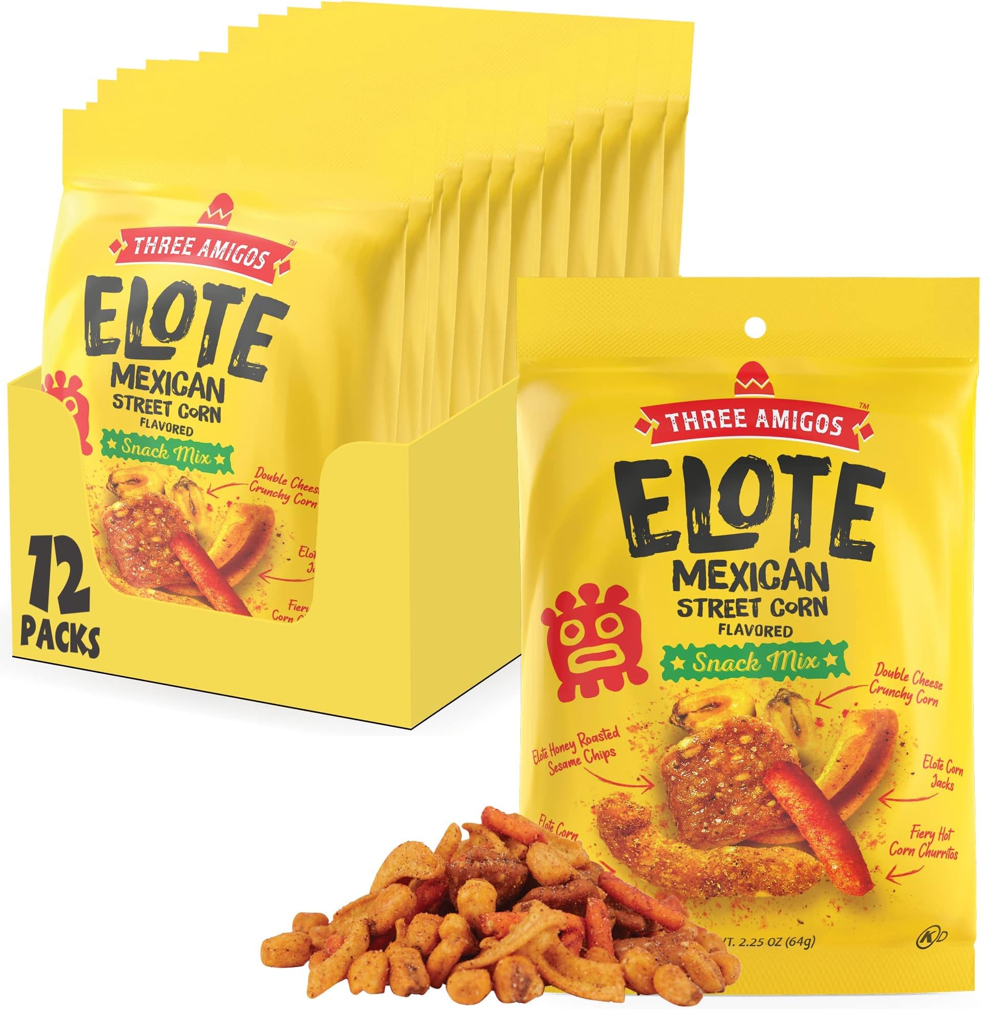 Three Amigos - Elote Mexican Street Corn Snack Mix- Deliciously Crunchy, Tangy, Hot, Sweet & Spicy Snacks - Gourmet Roasted Variety Food Snacks for Adults and Kids (ELOTE MIX 2.25 oz.12 Pack)