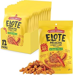 Three Amigos - Elote Mexican Street Corn Snack Mix- Deliciously Crunchy, Tangy, Hot, Sweet & Spicy Snacks - Gourmet Roasted Variety Food Snacks for Adults and Kids (ELOTE MIX 2.25 oz.12 Pack)