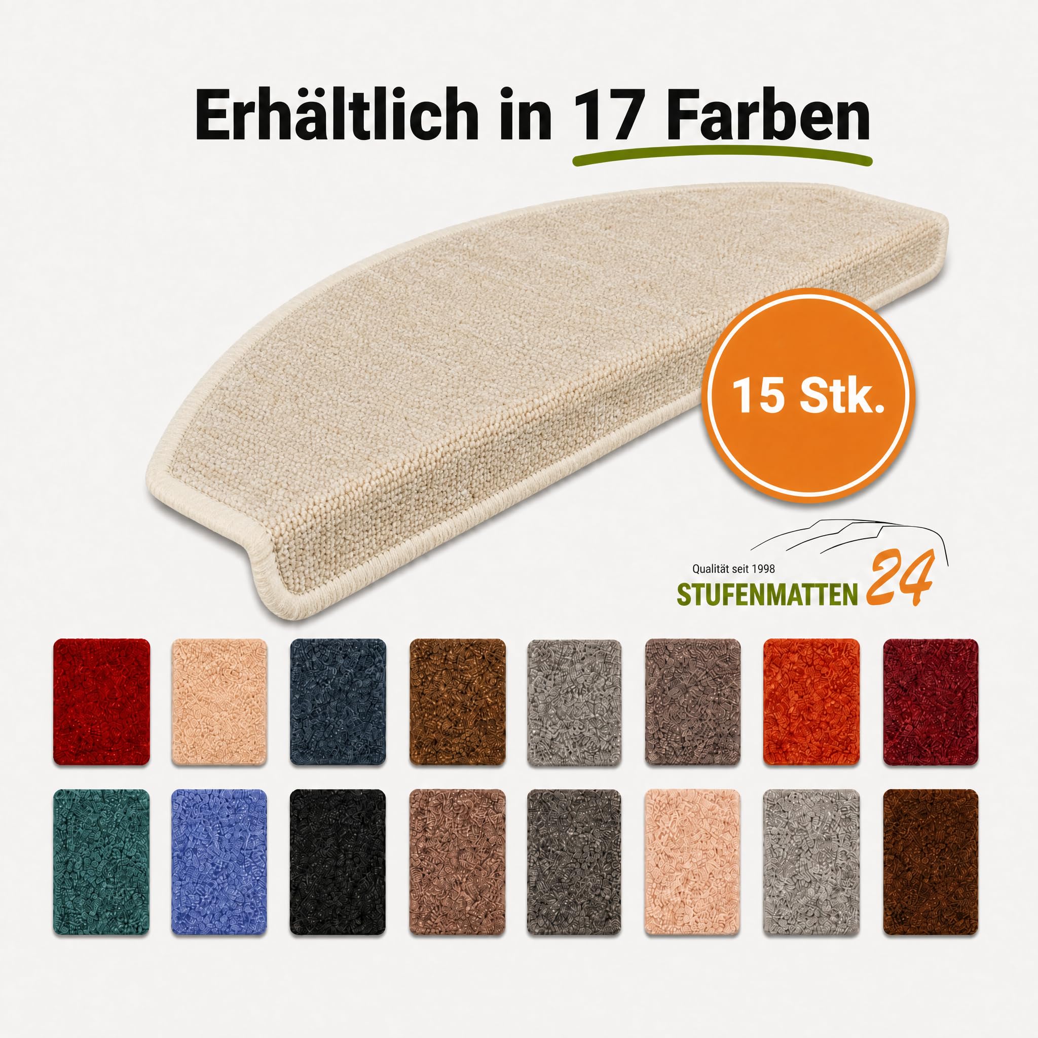 Kettelservice-Metzker Stufenmatten Treppe Rambo, 15er Set, halbrund, Beige, ca. 65 x 24 x 4 cm, Flor 6 mm, Trittschall ~20 dB, Polypropylen, PVC-Winkel, gekettelte Kanten