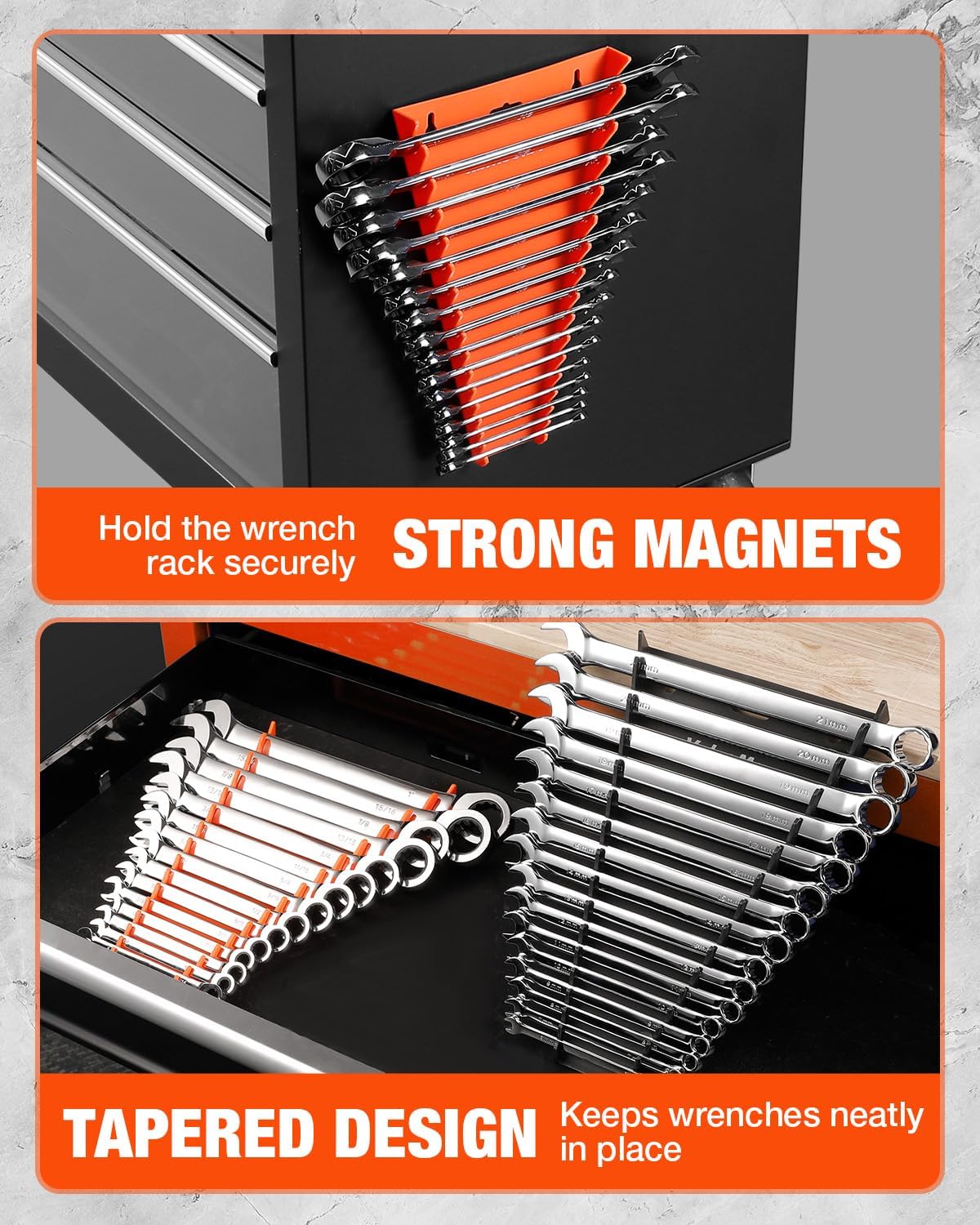 VALUEMAX 4-Pack Magnetic Wrench Organizer, 64-Slot Wrench Rack with Strong Magnetic Backing, Fits (1/4"–1-1/16") & Metric (6mm–28mm), for Toolbox Drawers or Wall Storage