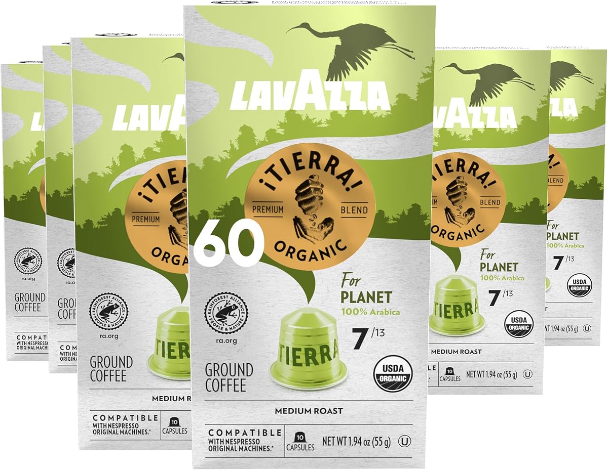 Lavazza ¡Tierra! for Planet Aluminum Capsules Compatible with Nespresso* Original Machines, Medium Espresso Roast, 100% Arabica (60 Capsules)