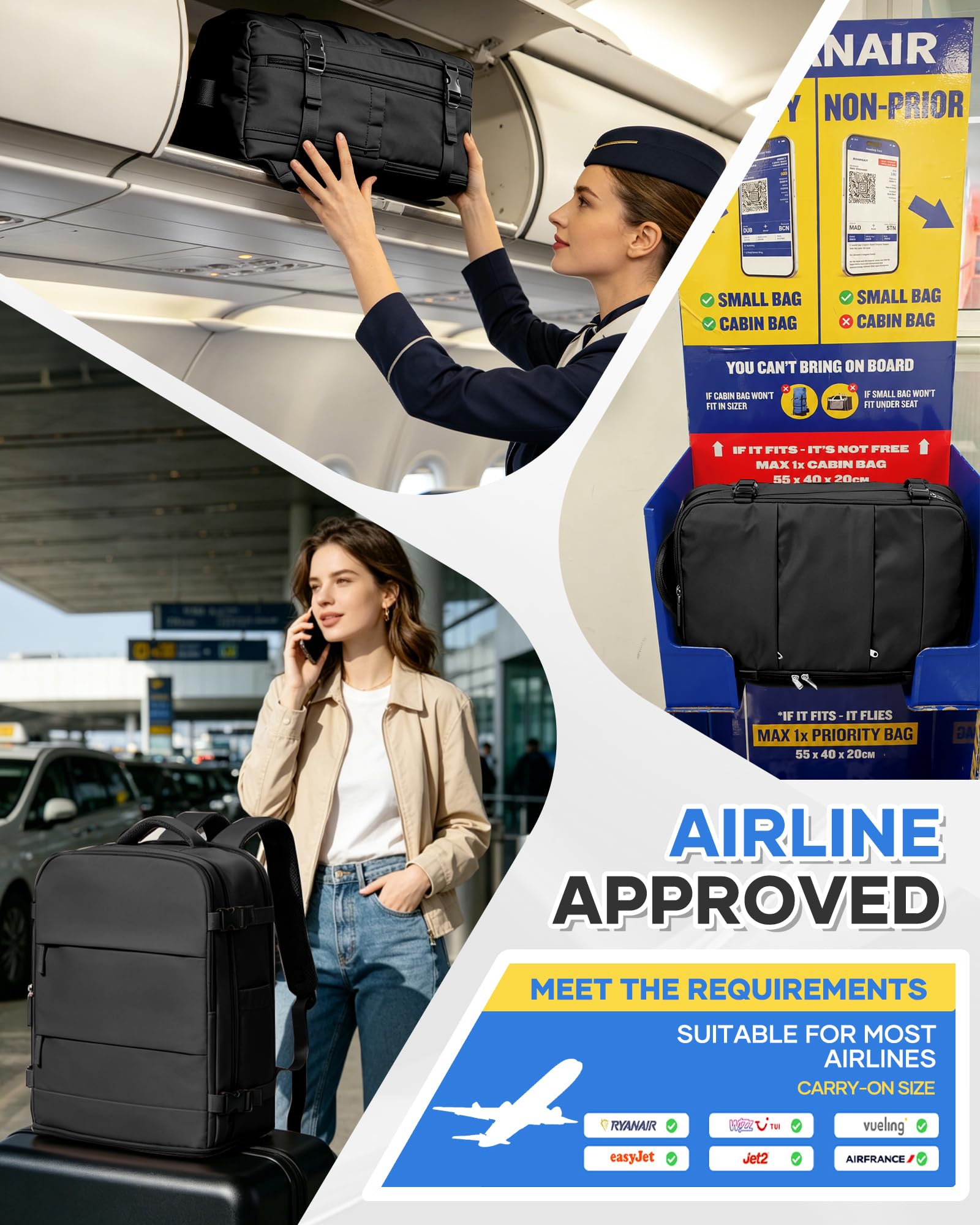 SZSYCN Zaino Ryanair 40x30x20 Sottovuoto con Pompa Zaino da Viaggio | Bagaglio a Mano Ryanair 40x30x20 con Sottovuoto Borsa da Viaggio Antifurto Impermeabile Borsa per Laptop da 16 Pollici