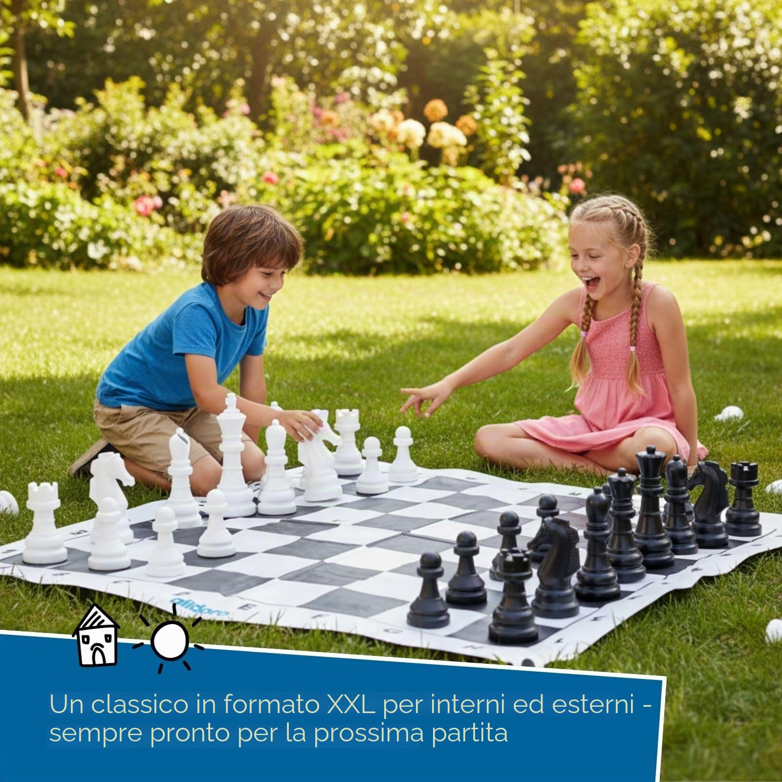 alldoro 60080 Scacchi da giardino, set di scacchi da esterno, scacchi da giardino con 32 pezzi, set di scacchi giganti con borsa da trasporto, per bambini dai 3 anni e adulti