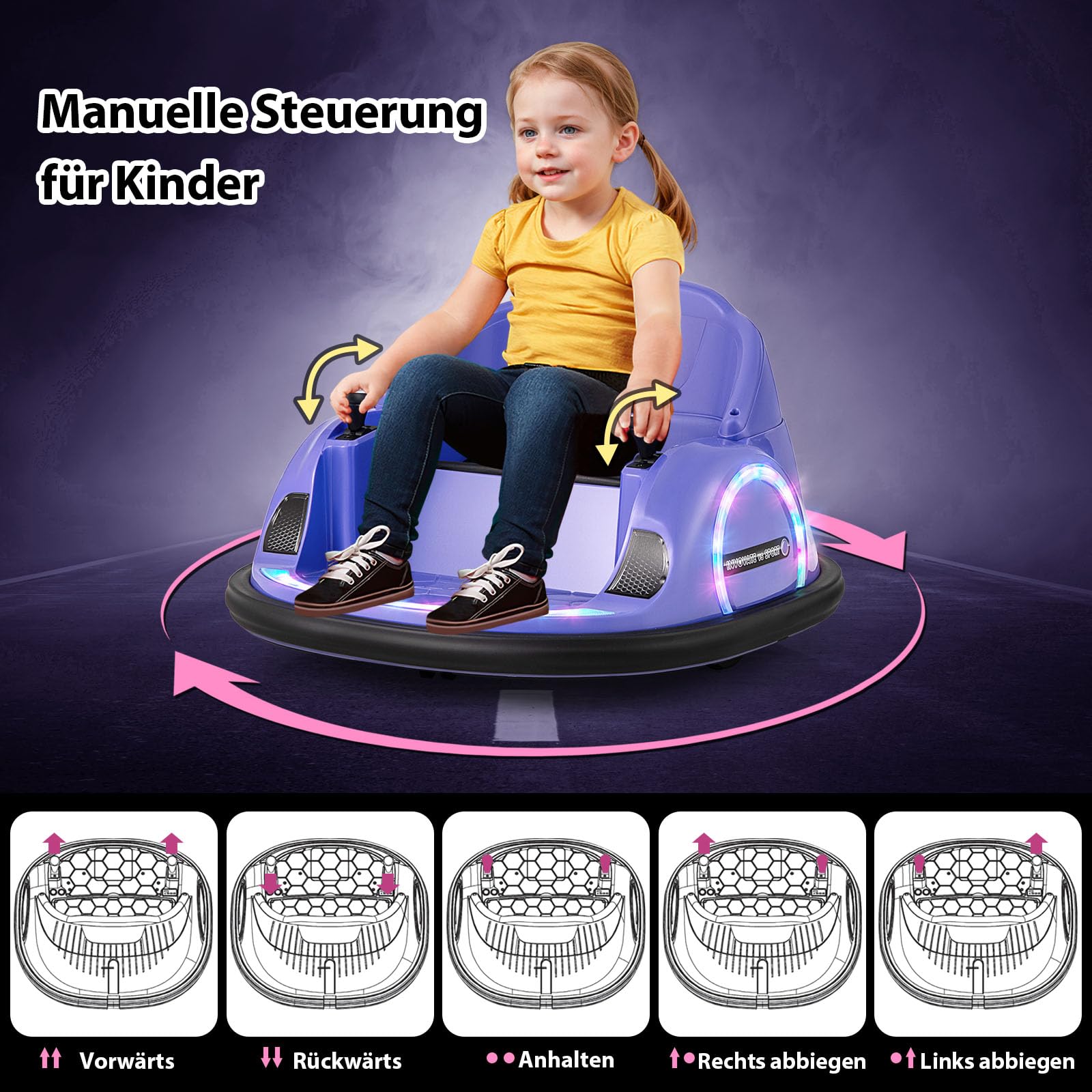 COSTWAY 12V Autoscooter Kinder mit Fernbedienung, Elektro Bumper Car mit 360° Drehnug, Musik & Licht, Kinder Elektroauto für Kleinkinder ab 18 Monaten (Lila)