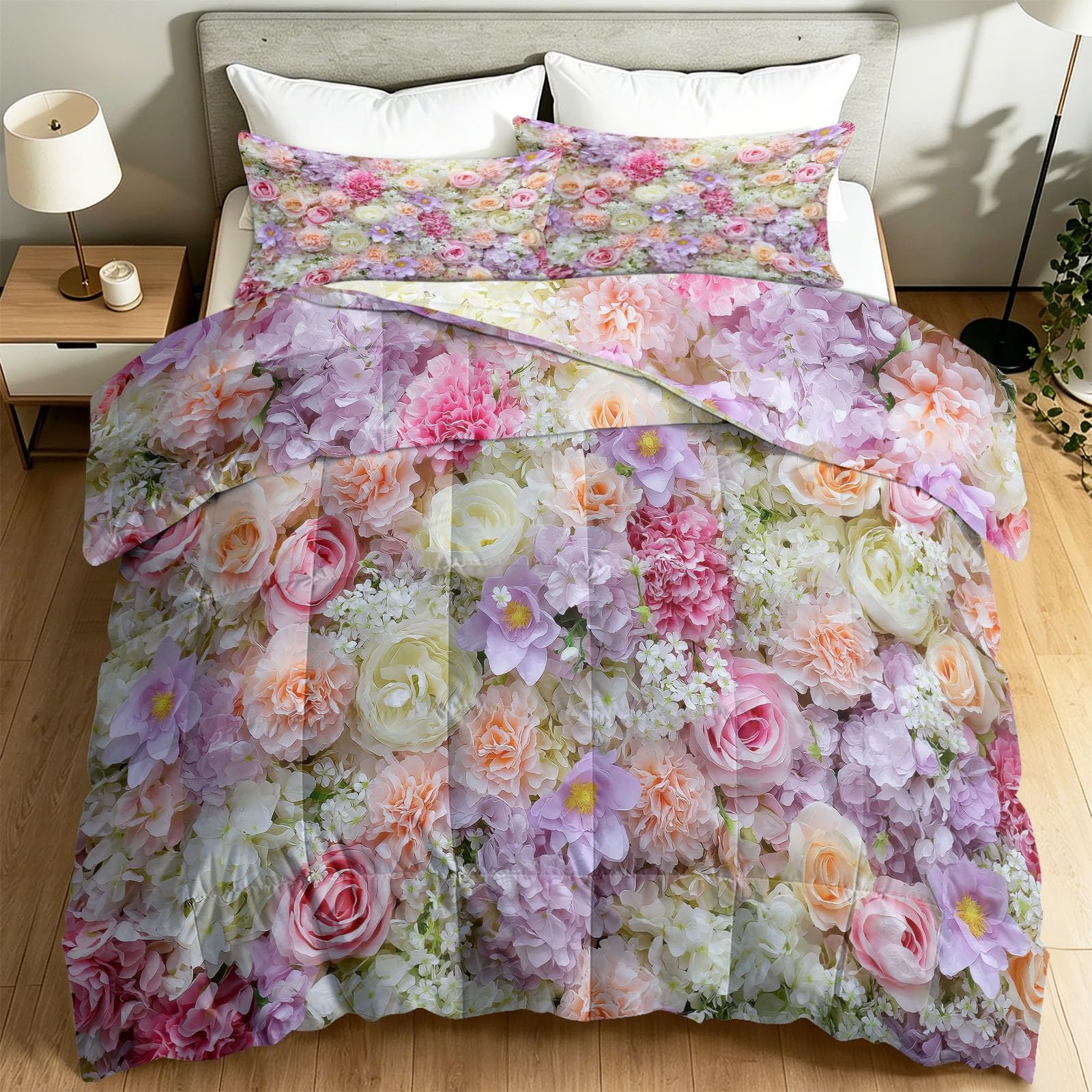 Couette été légère 135x200 pour chambre ado motif romantique rose et œillet