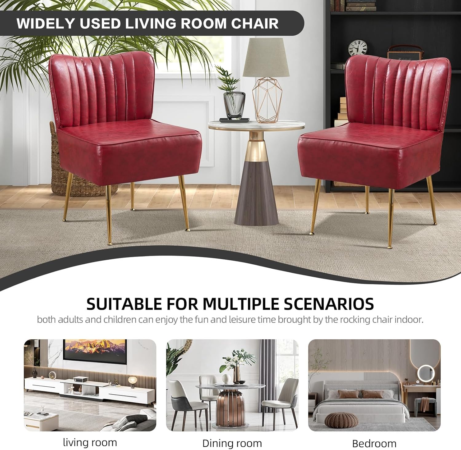 PU Leather Armless Accent Chair Set of 2,Modern Comfy Living Room Slipper Chairs with Golden Legs,Upholstered Wingback Single Sofa Side Corner Chair for Bedroom,Small Space,Wine Red
