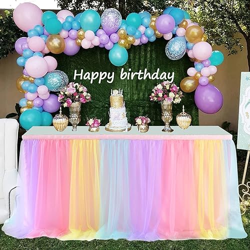 Miniatura 3 de Paquete de 2 faldas de mesa arcoíris de 6 pies para fiesta de cumpleaños, falda de mesa tutú de tul para baby shower, niña y niño, mantel de arco