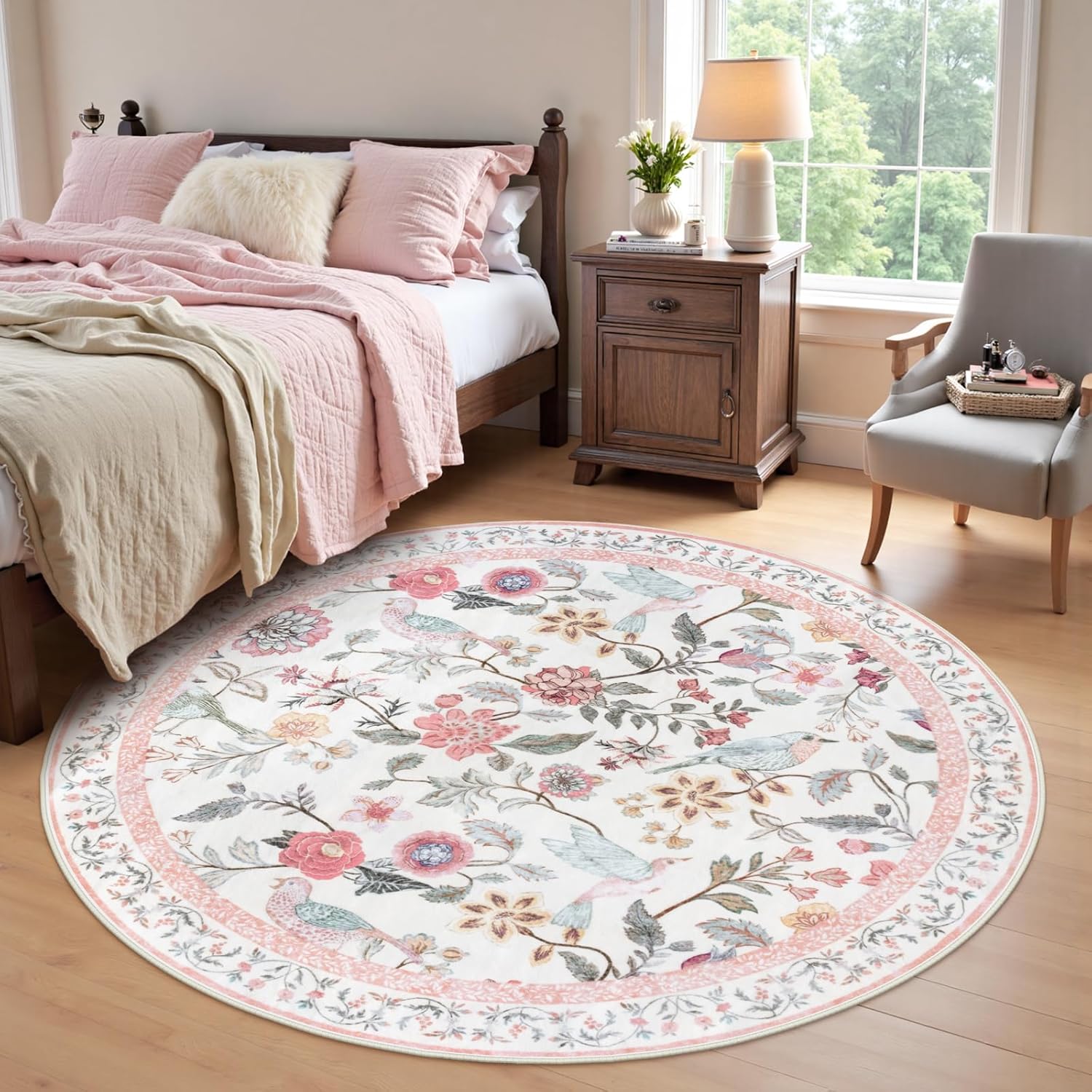 Pink Floral Round Rugs 5ft, Washable Boho Circle Rug for Girls Bedroom, Soft Non-Slip Botanical Nursery Circular Carpet, Modern Flower Birds Throw Rug for Kids Room Living Room