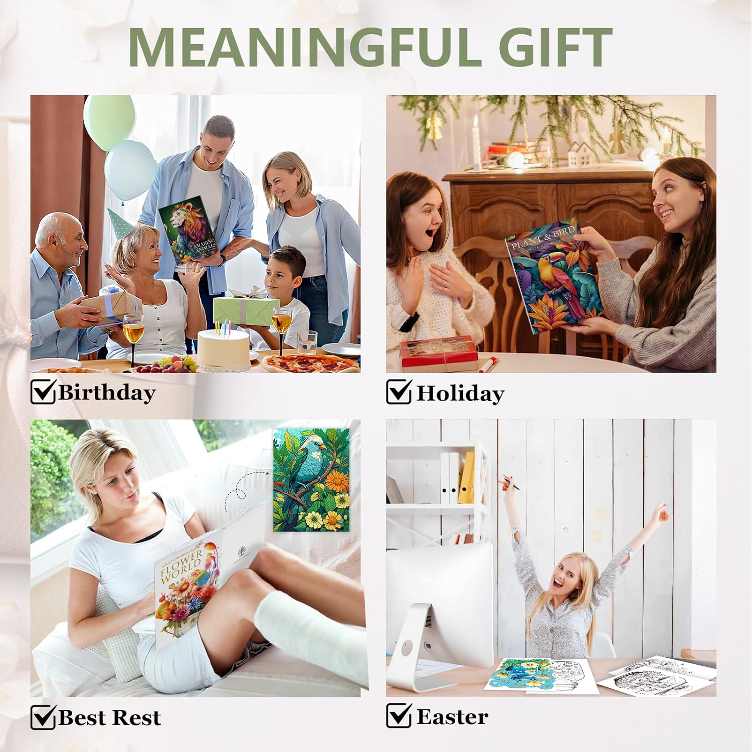 Adult Coloring Book for Adults Relaxation, Stress Relief Coloring Book with 24 Dual Tip Markers, Relaxing Gifts for Women with 128 Patterns Include Animals Flowers Plant Birds Nature Style (4 Pack) - Image 7