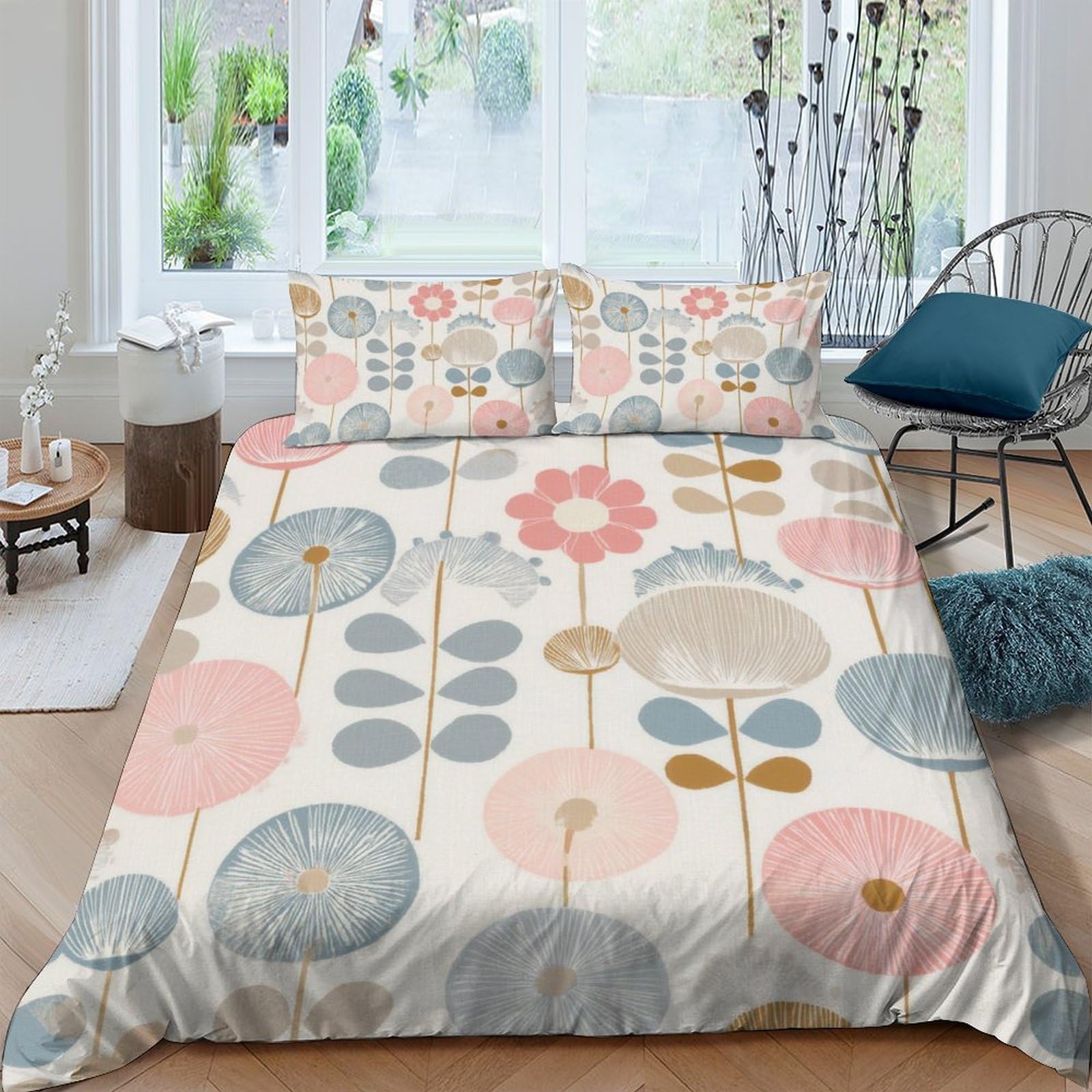 GPLZQXKJNH 3D Printed Retro Floral Duvet Cover Microfiber Soft Pastel Flower Bedding Set with 2 Pillowcases for Bedroom Decor Single（135x200cm）