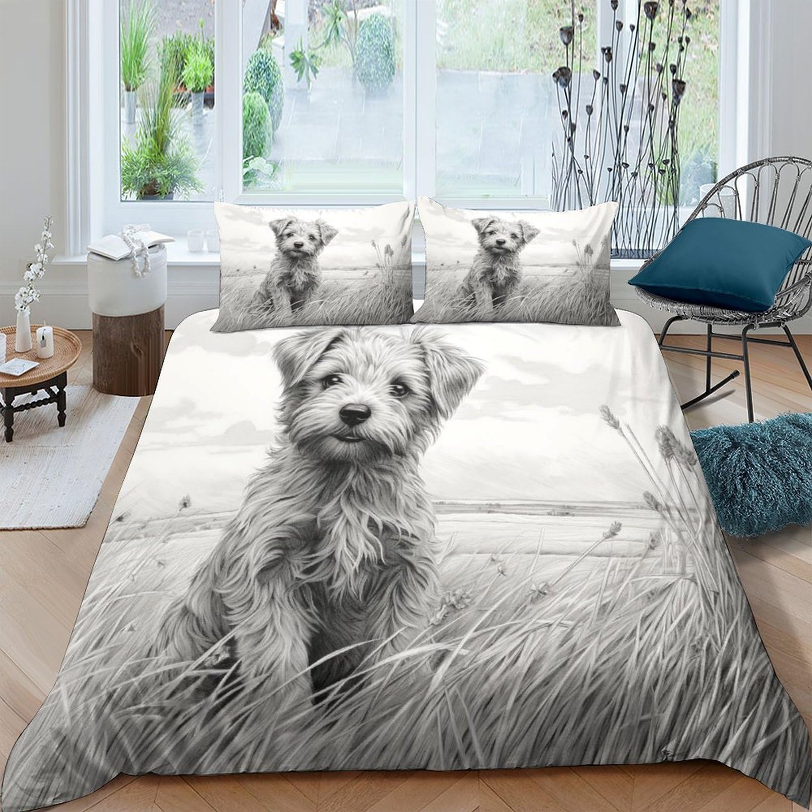 HOTGE Sketch Dog 3 Pieces Duvet Cover Set Animals 3D Printed Bedding Quilt Cover with Zipper Closure for Girls Boys, Ultra Soft Microfiber Bedding King（220x240cm）