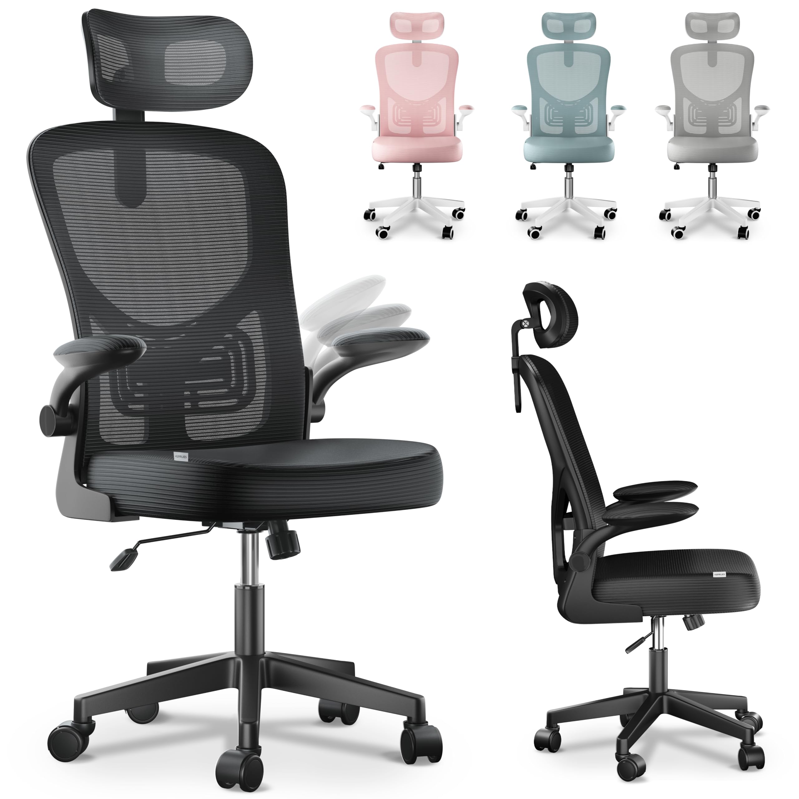 Silla Escritorio Ergonómica - Silla Oficina Ajustable y Reclinable con Soporte Lumbar, Reposacabezas Ajustable, Reposabrazos Plegables, Malla Transpirable, Ruedas Giratorias 360°, Soporta 120 kg