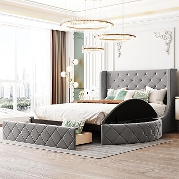 Upholstered Round Bed Frame with Side Storage, Footrest Storage and Button Tufting, Headboard and Footrest, Queen Bed, Grey
