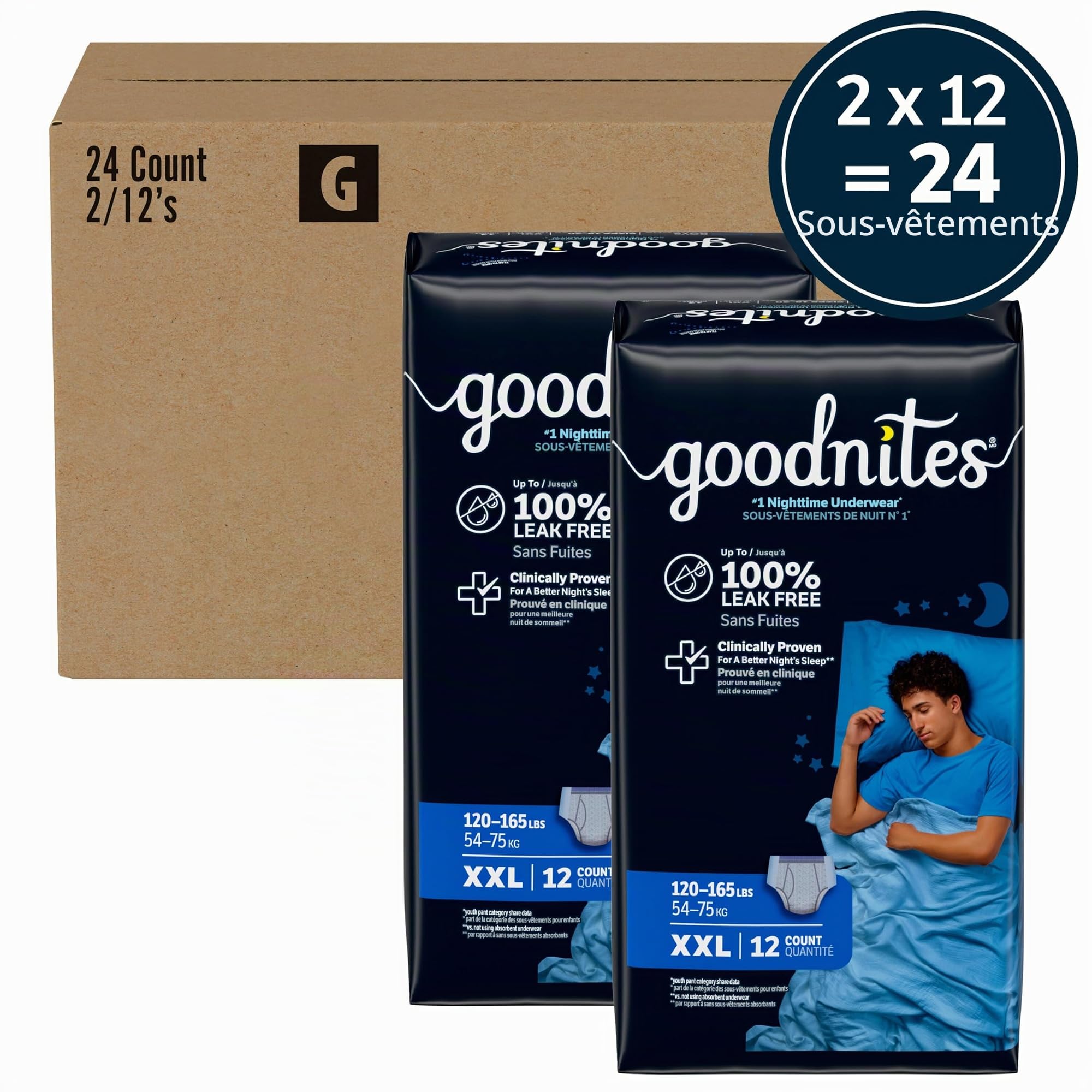GoodNites Sous-vêtements de nuit pour garçons, taille XXL (54-75 kg), 24 pièces (2 paquets de 12), l'emballage peut varier
