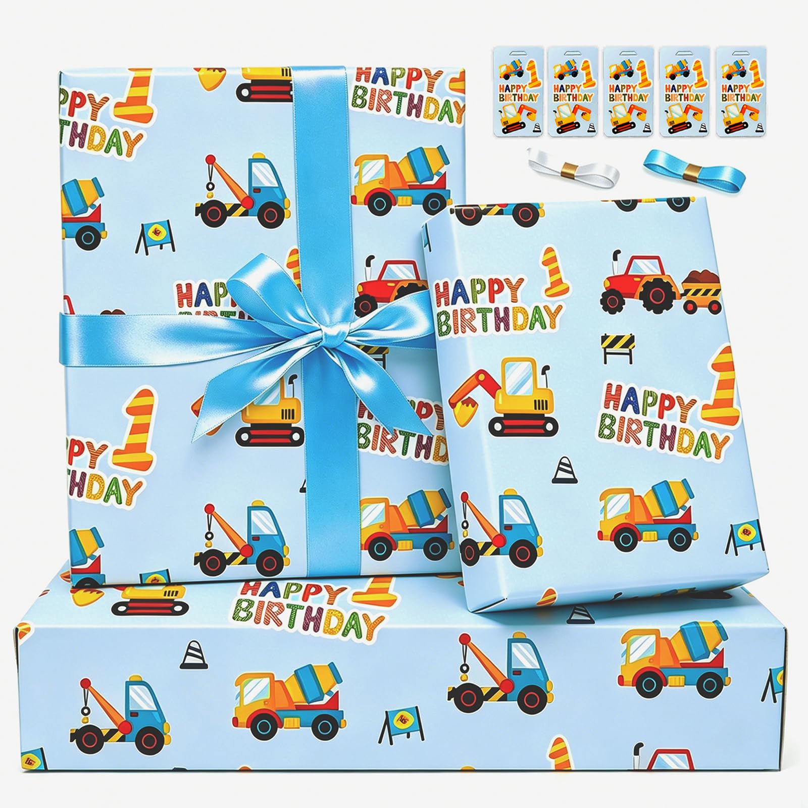 1st Birthday Wrapping Paper 1 Year Old Gift Wrapping Paper First Birthday Boy Age 1 Digger Construction Wrapping Paper Age One Male Yellow Blue Gift Wrap Birthday Paper for Birthday Gift(5 Sheets)