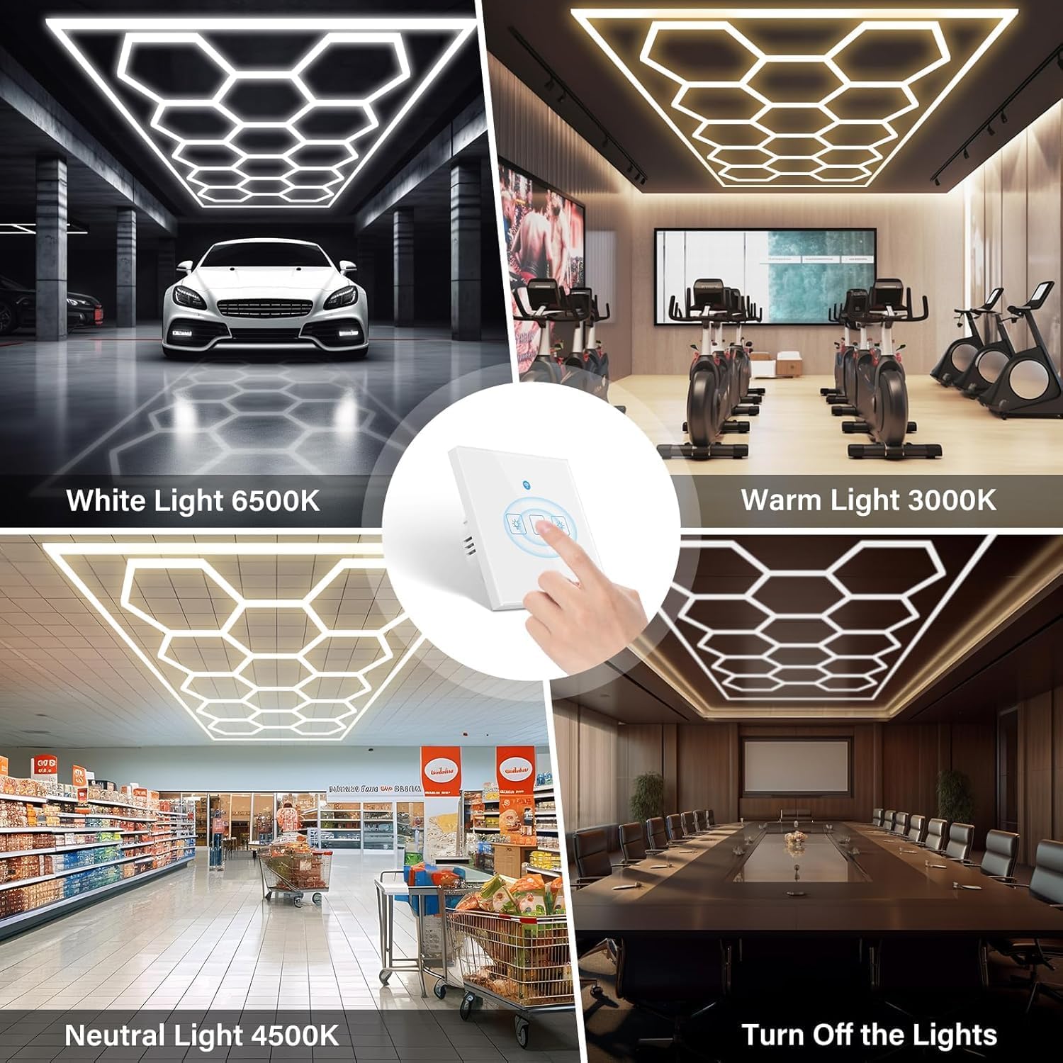 Sześciokątne światła LED, 3 temperatury barwowe sześciokątne oświetlenie garażowe z 6500 K / 4500 K / 3000 K, aluminiowe oświetlenie LED do garażu, siłowni, fryzjera, samochodu, sklepu samochodowego