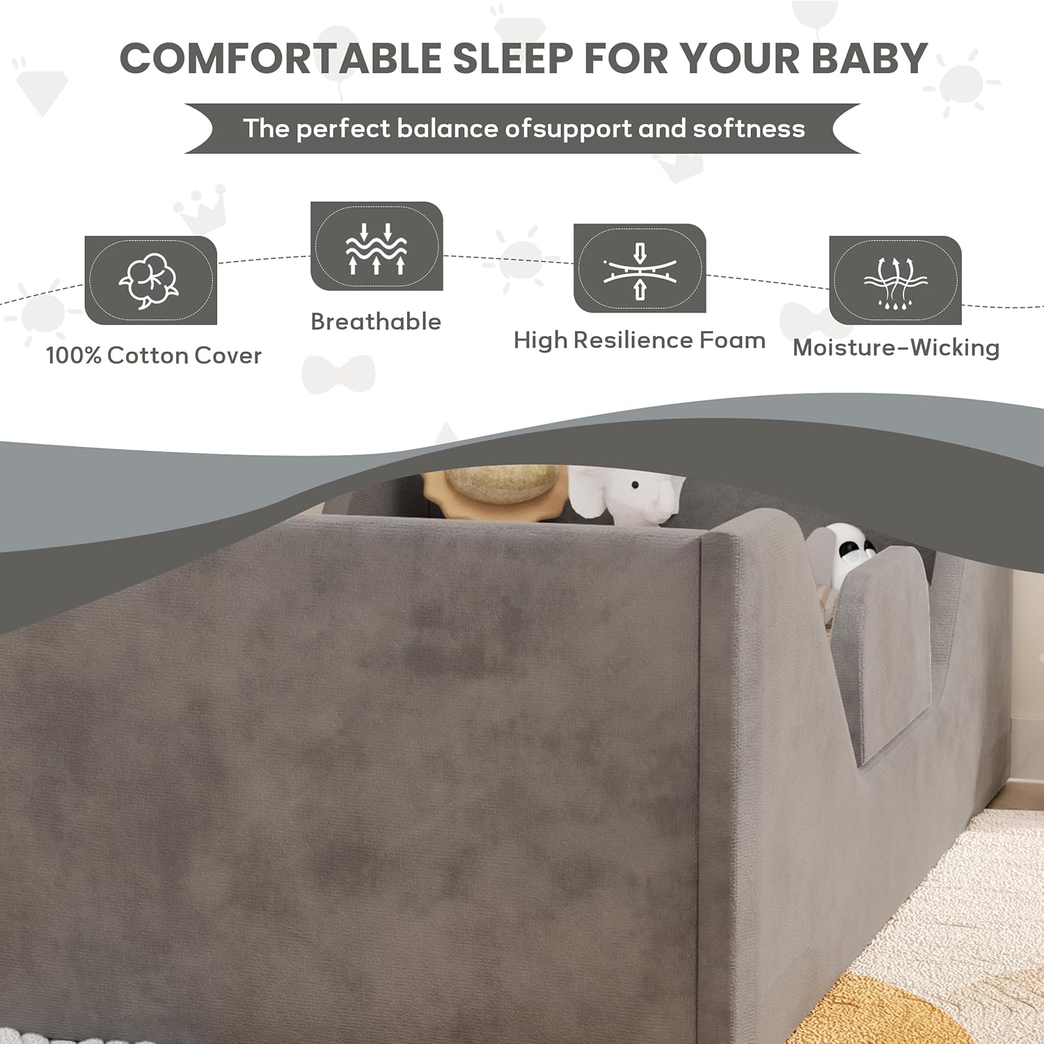 Toddler Bed, Toddler Floor Bed Frame with Guard Rails, Small Bed for Kids Boys and Girls Aged 2-6 Years, Standard Crib Mattress Toddler Beds, Certified Fabric Toddler Beds(Big Gray)