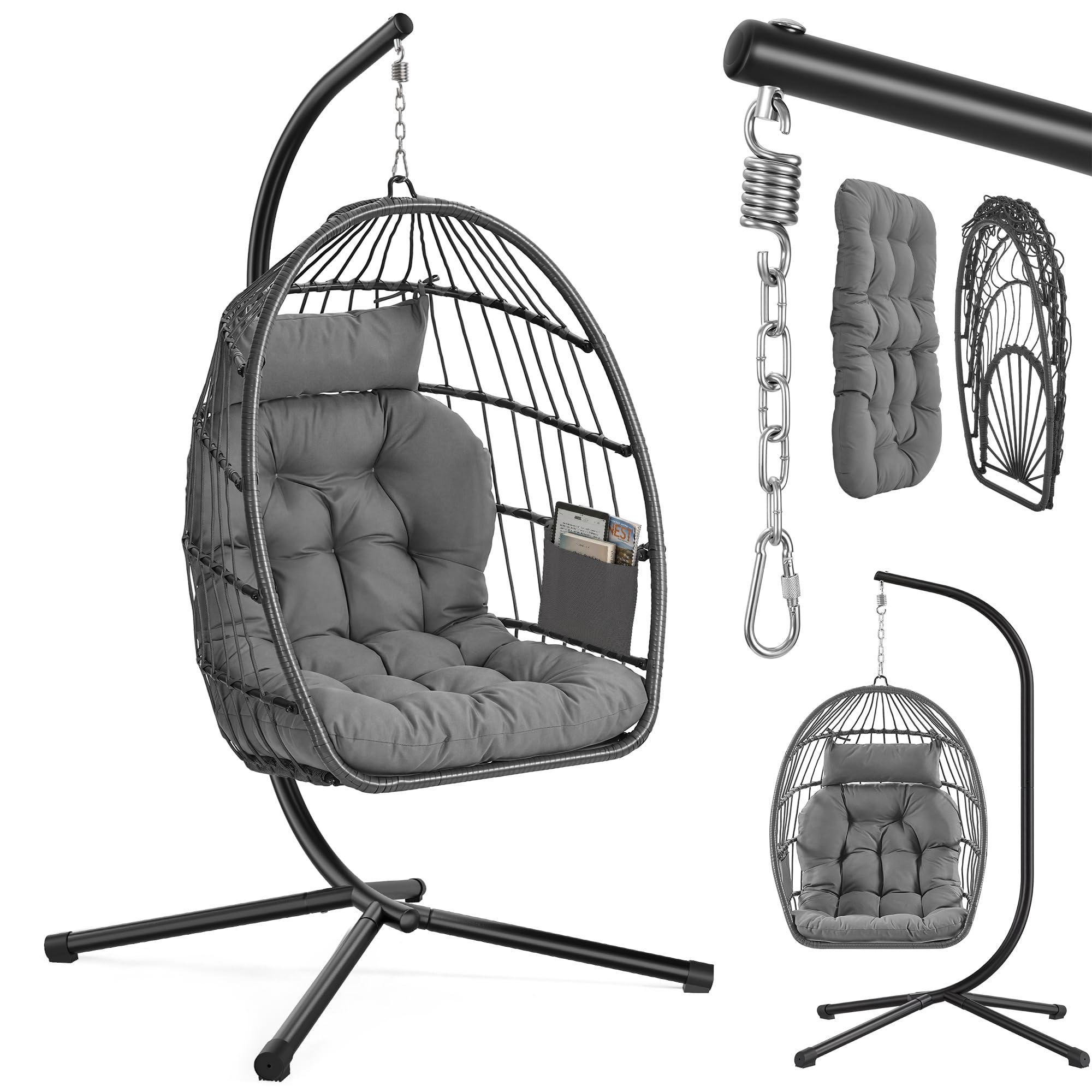 SONGMICS Hängesessel mit Gestell, Hängeschaukel Outdoor, Korbsessel, Korb klappbar und abnehmbar, Hängestuhl höhenverstellbar, Seitentasche, Kissen, Wohnzimmer Garten Balkon, grau GDC050GZ01