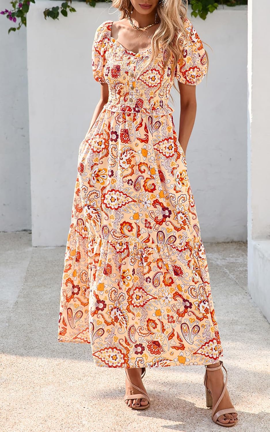 PRETTYGARDEN Womens Summer Dresses 2025 Casual Boho Floral Puff Short Sleeve Flowy Maxi Dress Smocked V Neck Sun Dresses - Image 4