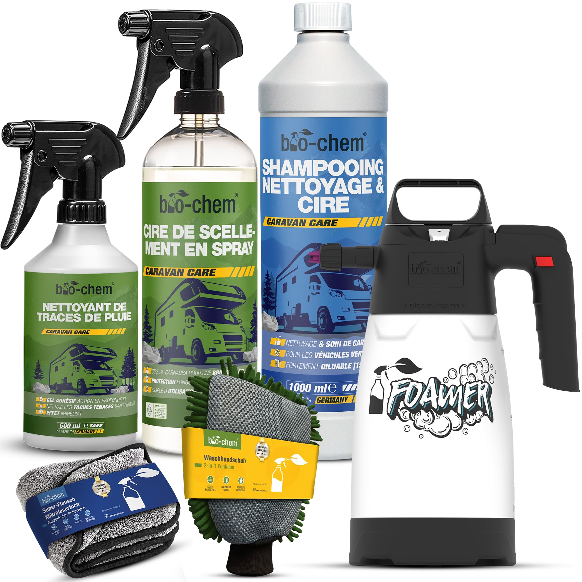 Bio-Chem - Profi Set nettoyage et cirage caravanes - Shampooing lavage et soin, cire de scellement carrosserie, décapant traces de pluie - Accessoires inclus