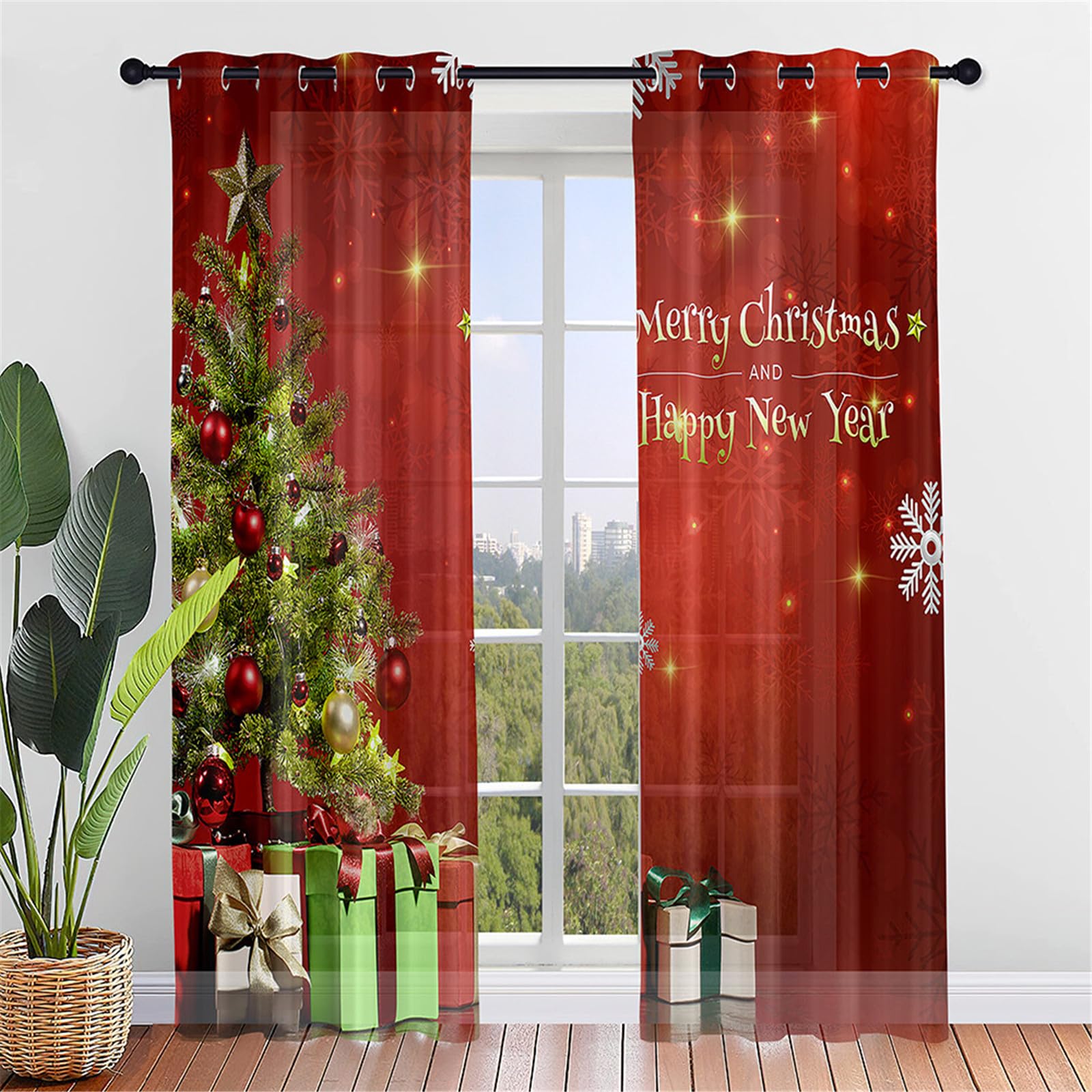 Hiseng Navidad Cortinas Translucidas 2 Piezas, Rojo Cortinas Salon Dormitorio Cortinas Visillo con Ojalespara para Cocina Ventana Comedor Habitacion Cocina (80x115cm,Árbol Navidad)