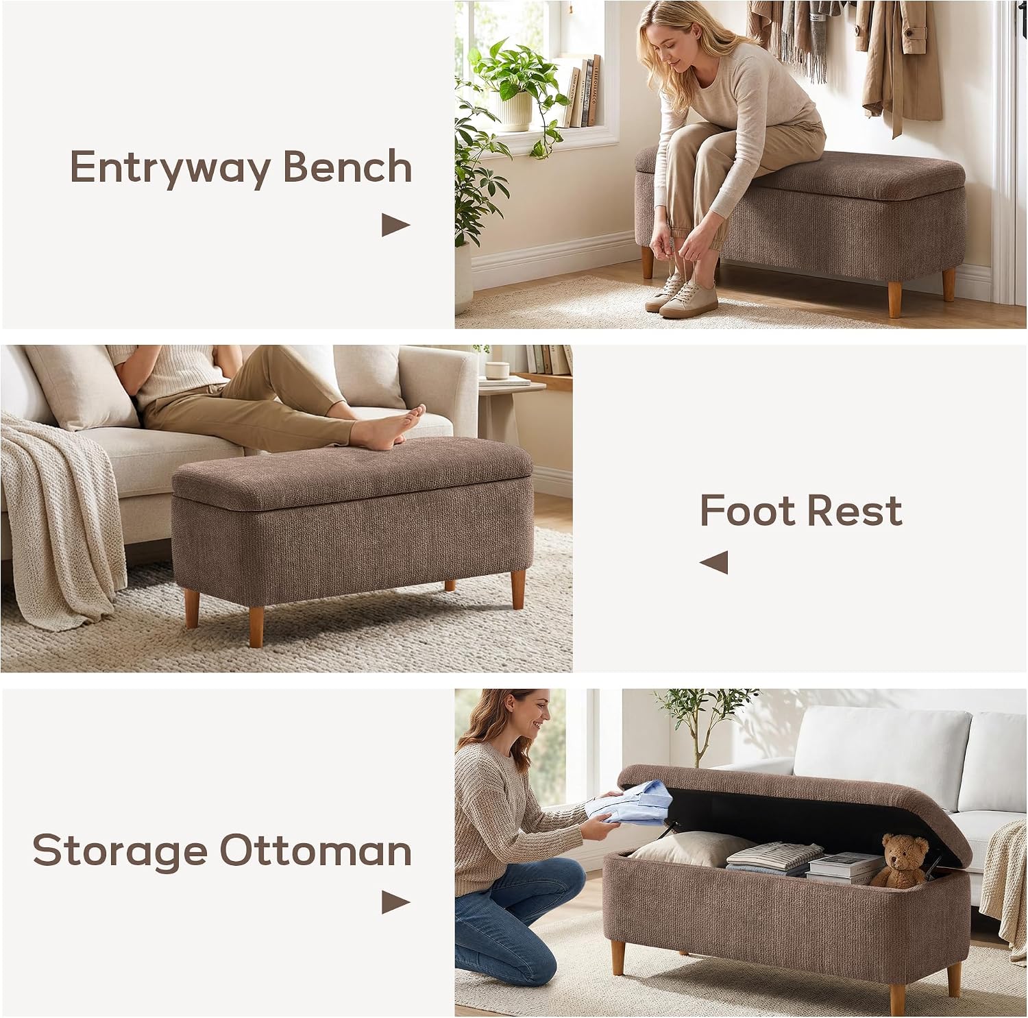 39.4”Ottoman with Storage,Upholstered Comfy Storage Bench Ottoman with Wooden Legs,End of Bed Bench Footstool for Hallway Entryway Bedroom Living Room Brown