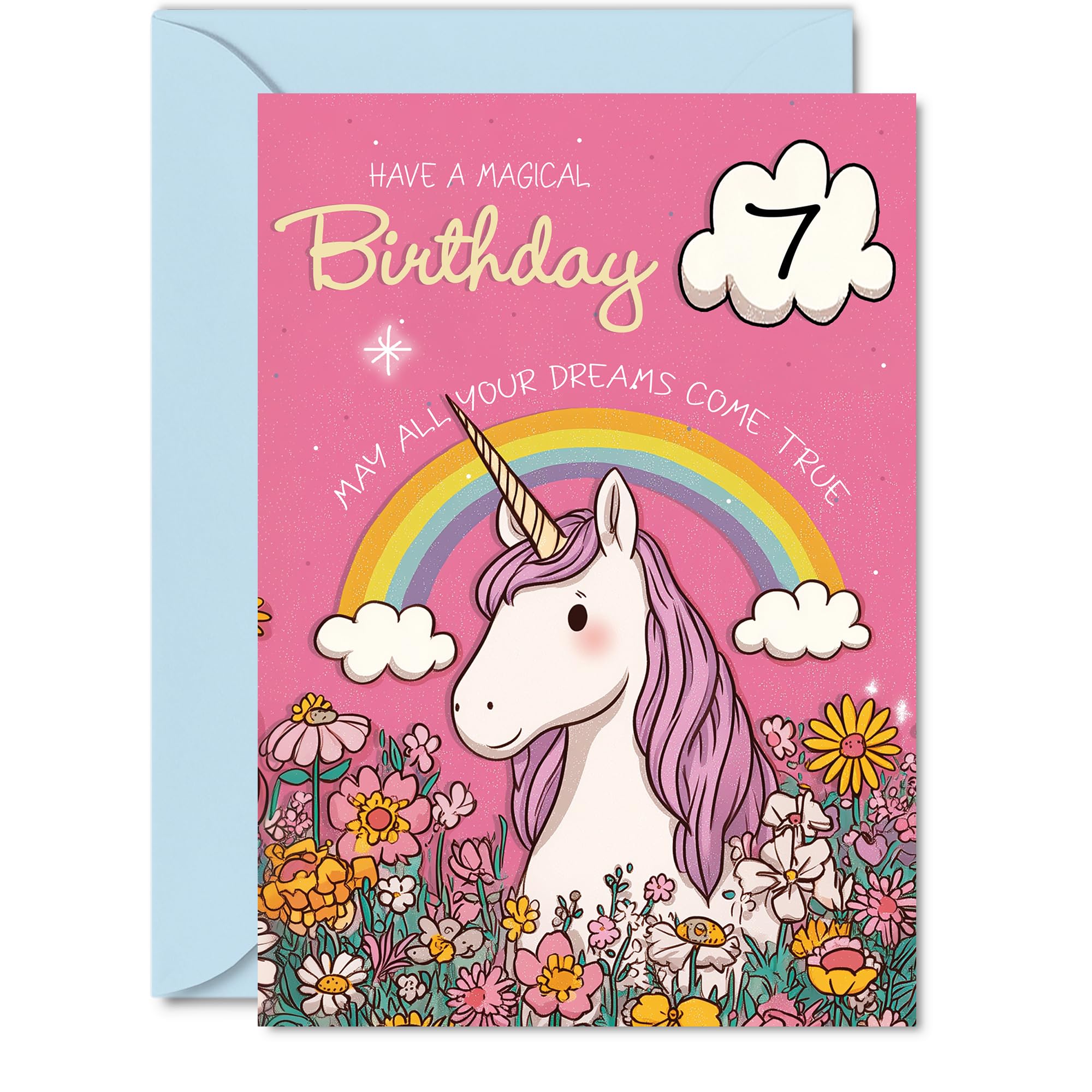 Cute 7th Birthday Card - Sprinkle Some Magic - Whimsical Unicorn and Rainbow with Floral Accents - Perfect for a Sparkling 7th Birthday Wish - 5x7 Inch, Envelope Included