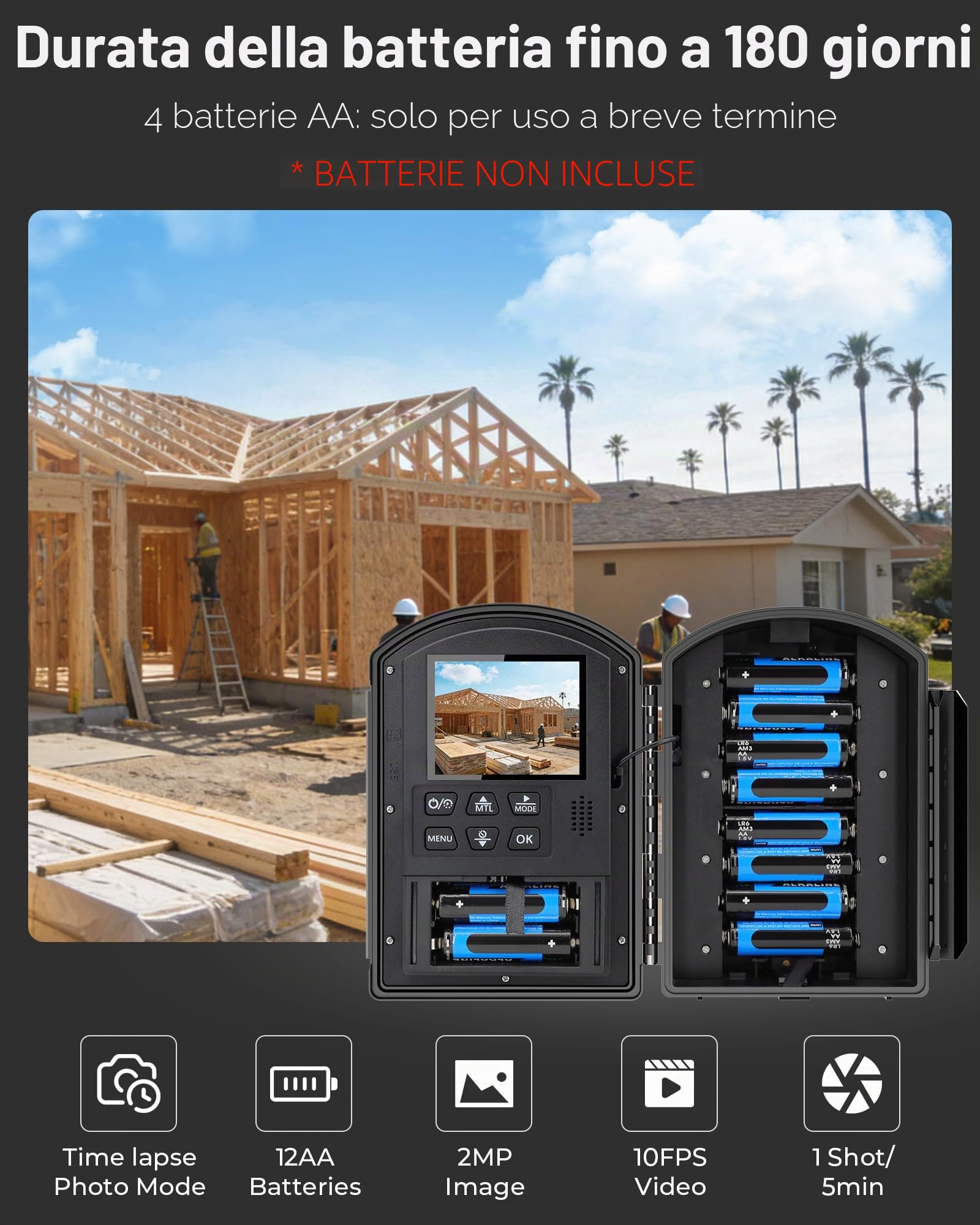 Time Lapse Camera Outdoor, Fotocamera Timelapse 1080P Con Posizionamento IR, Ripresa Di 180 Giorni, Resistente All'Acqua IP66 Per Costruzioni Esterne, Crescita Delle Piante (1080P Time Lapse Camera)