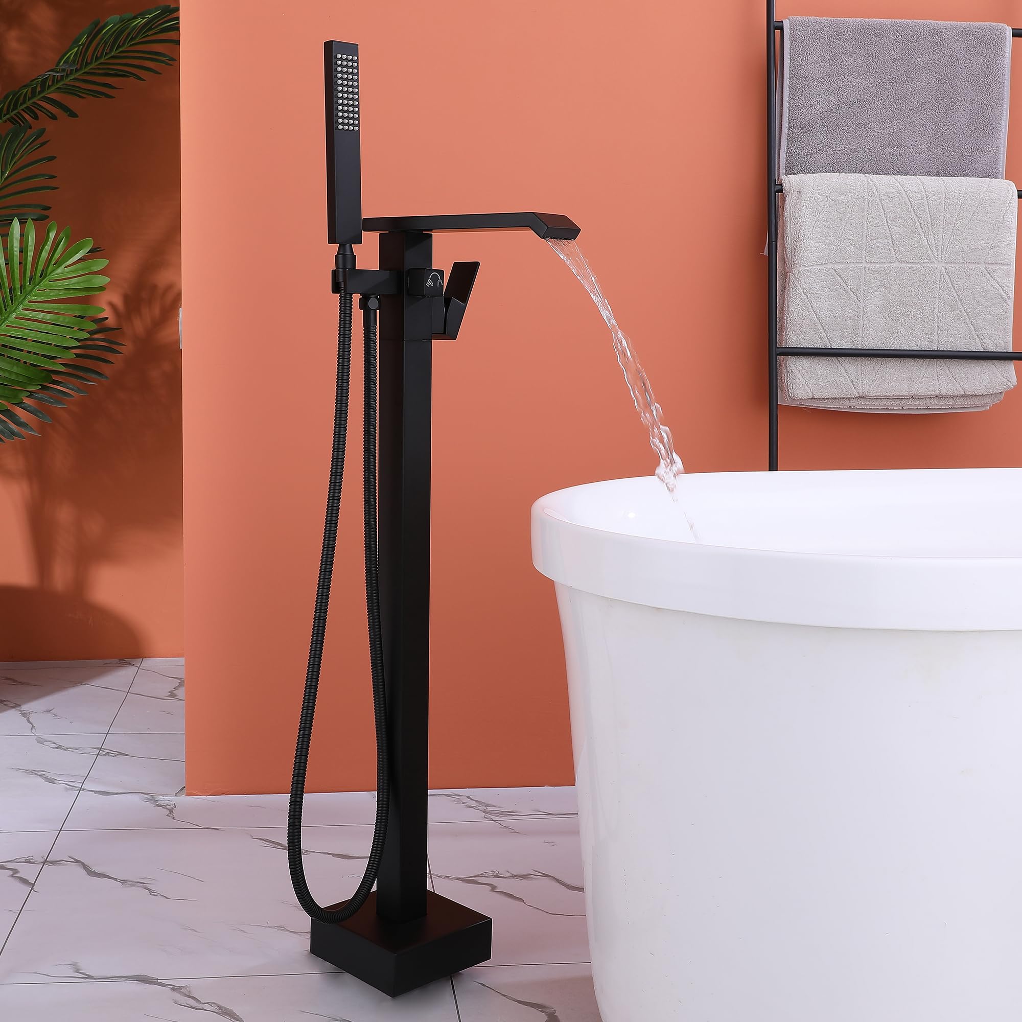 Freistehende Wannenarmatur Schwarz, Badewannenarmatur Freistehend Schwarz Aus Messing 360° Schwenkbar Badezimmerarmatur Bodenmontage Mit Handbrause Für Wanne, Freistehende Badewanne (Schwarz-A)