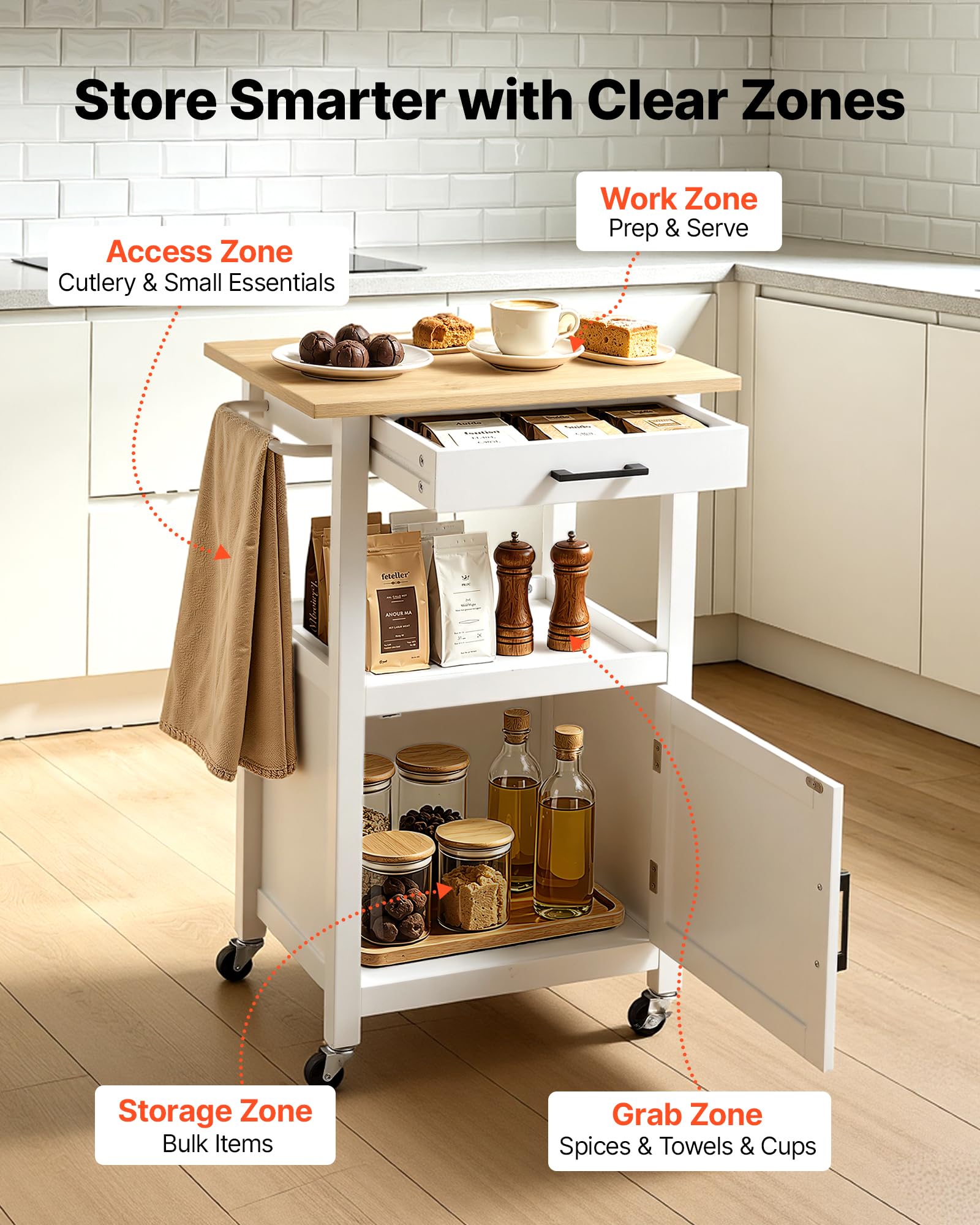 VEVOR Carrello da Cucina Anta Singola Cassetto per Sala da Pranzo Bianco | Mobiletto Portaoggetti, Portasciugamani, Ganci, Tavolo Portautensili con 4 Ruote, Piccola Stazione da Caffè, Salotto, Ufficio