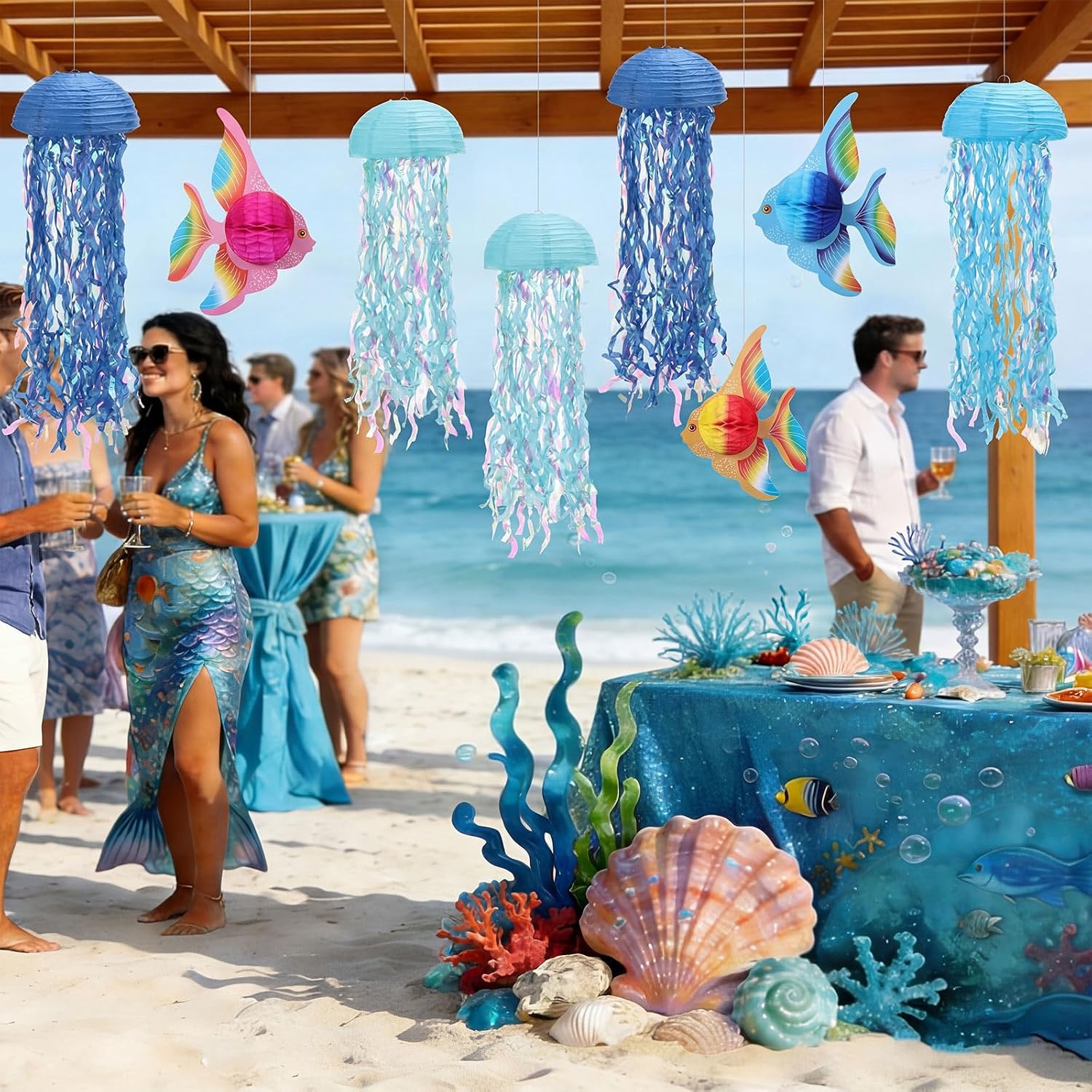 Ceenna 18 Pcs Under the Sea Decorations Kit with 6 Hanging Jellyfish and 12 Tropical Fish, for Mermaid Birthday Party, Ocean Shower, Nautical Wedding, and Beach Classroom Decor(3 Types of Fish)