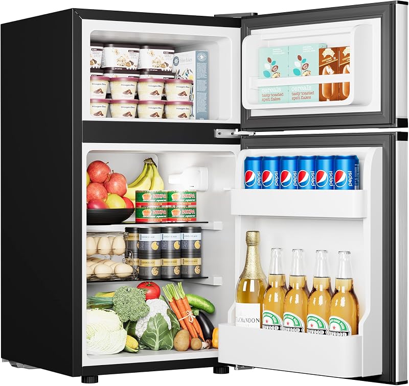 Mini Fridge with Freezer, 3.2 Cu.Ft Mini Refrigerator fridge, 2 door For Bedroom/Dorm/Office/Apartment - Food Storage or Cooling drinks, Silver