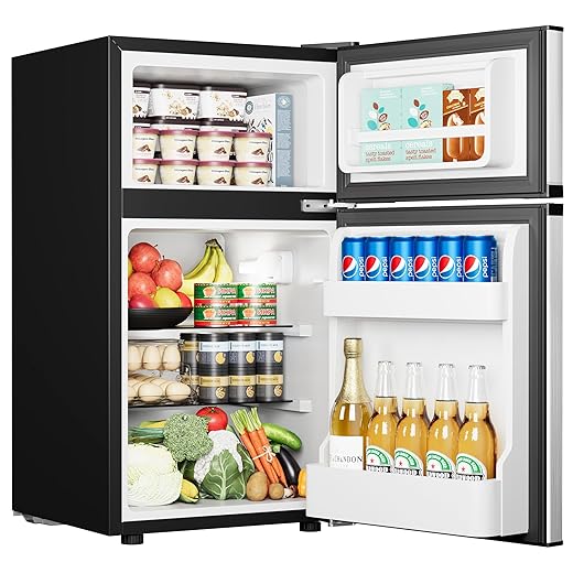 EUHOMY 3.2 Cu.Ft. Refrigerator with Freezer, 2 Door Fridge, Adjustable Thermostat，Large Capacity, Refrigerator for Kitchen/Dorm/Office/Apartment - Food Storage or Cooling drinks, Silver