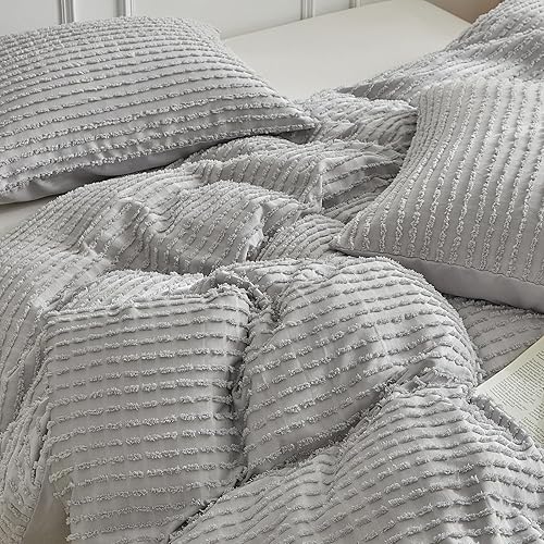 Miniatura 6 de WARMDERN Juego de funda de edredón bohemio tamaño King, funda de edredón de microfibra a rayas grises, 3 piezas, ultra suave, transpirable, ligera,