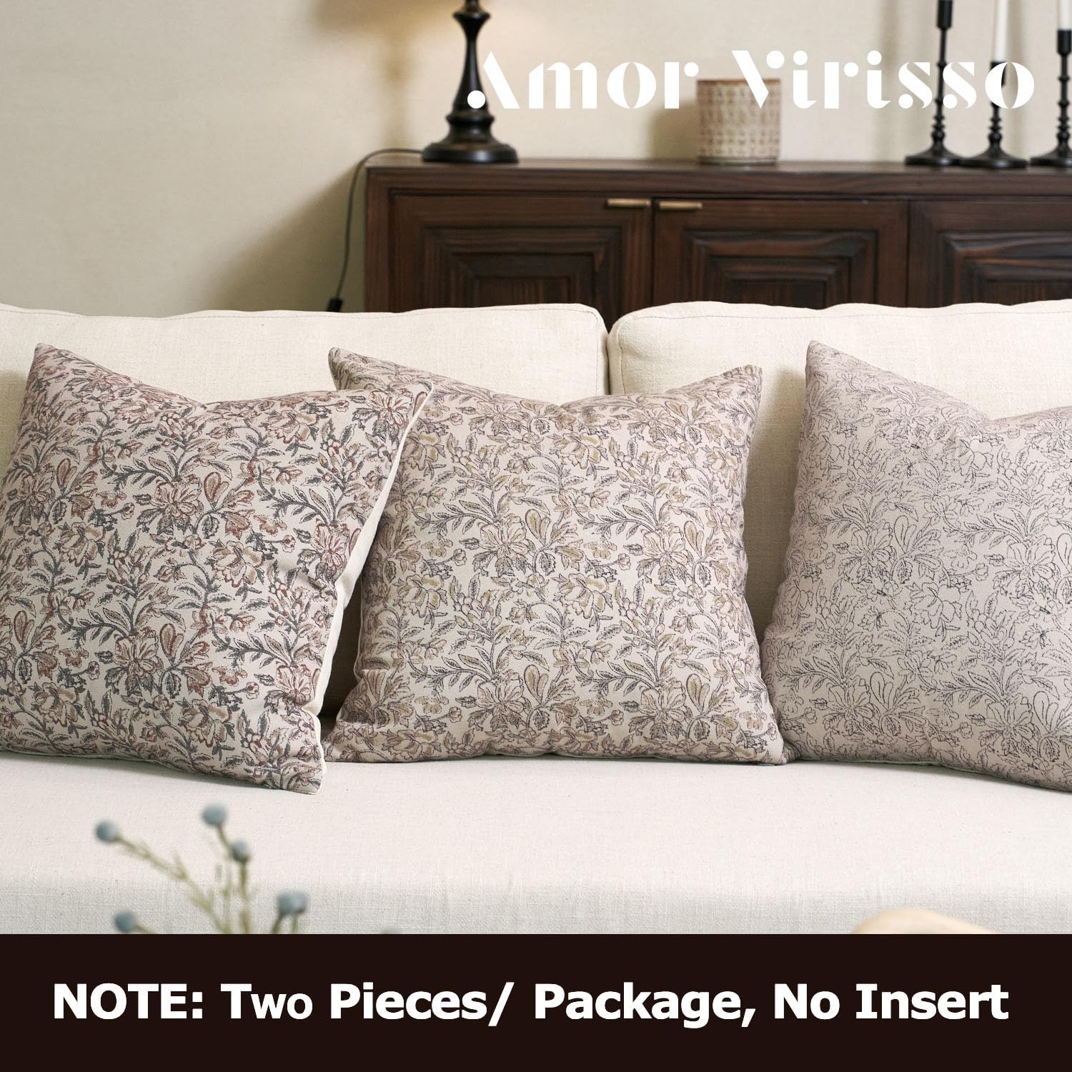 Amor Virisso Floral Throw Pillow Covers 18x18 Set of 2 Vintage Block Print Pillow Covers Decorative Pillow Covers Couch Pillows for Living Room Farmhouse Accent Sofa Pillows, Yellow/Sand - Image 6