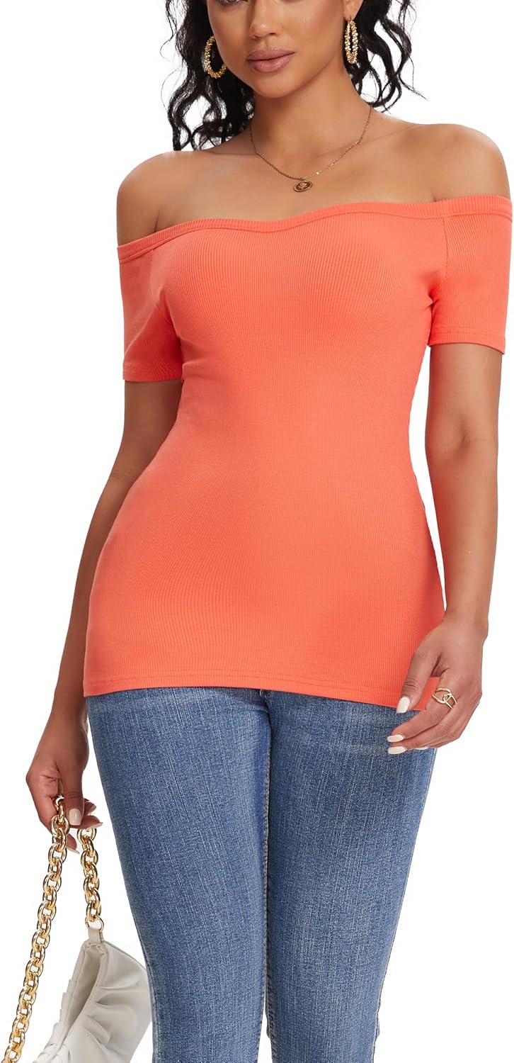ASAIR off Shoulder Short Sleeve Tops for Women Boat Neck T Shirts Ribbed Basic Trendy Stretchy Tshirts - Image 5