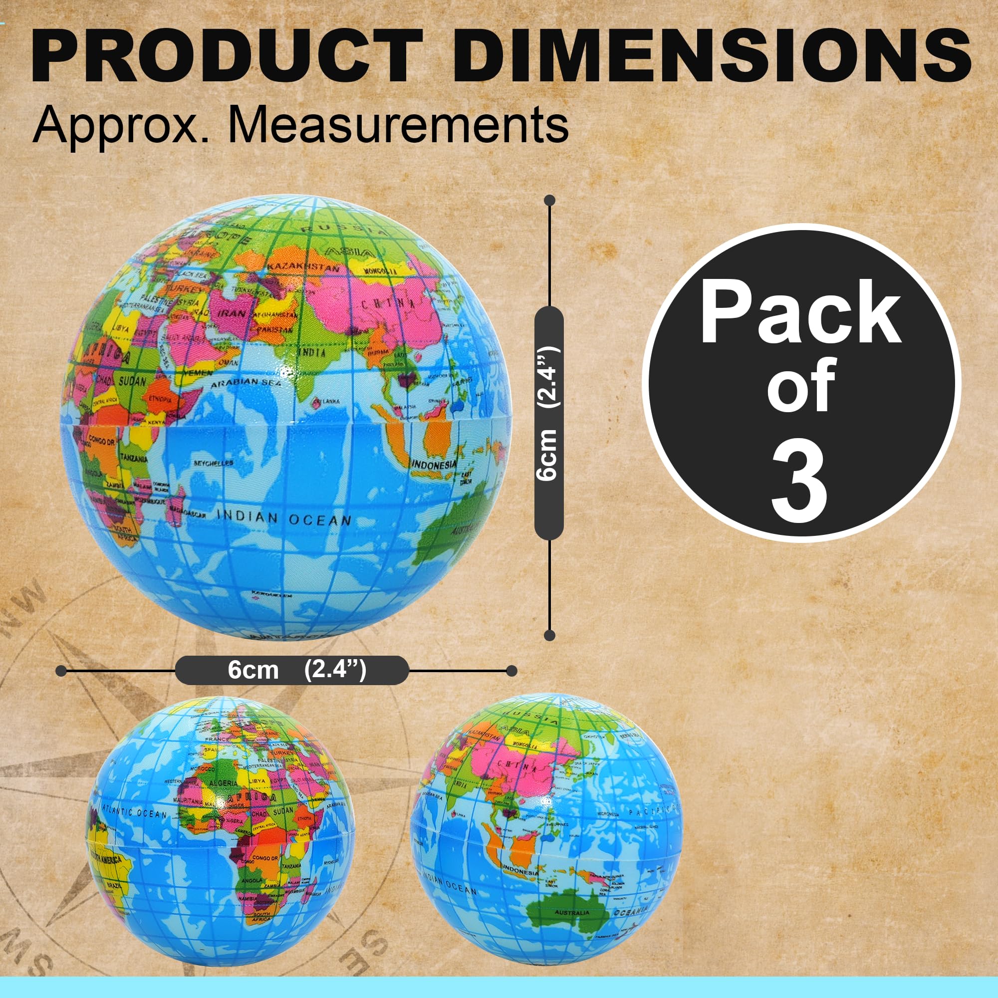 Squeeze Foam Globe Ball Pack of 3 - Lightweight, Planet Earth, Sensory Stress Relief, Educational Toys Hand Exercise, Fidget Party Bag Fillers, For ADHD & ADD & Autism Special Needs - Image 2