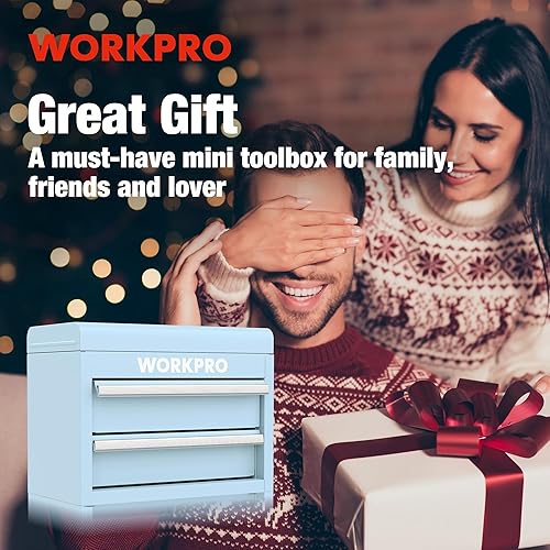 Miniatura 8 de WORKPRO Mini caja de herramientas de metal con 2 cajones y almacenamiento superior, pequeña caja de herramientas con forros de PVC y almohadillas de