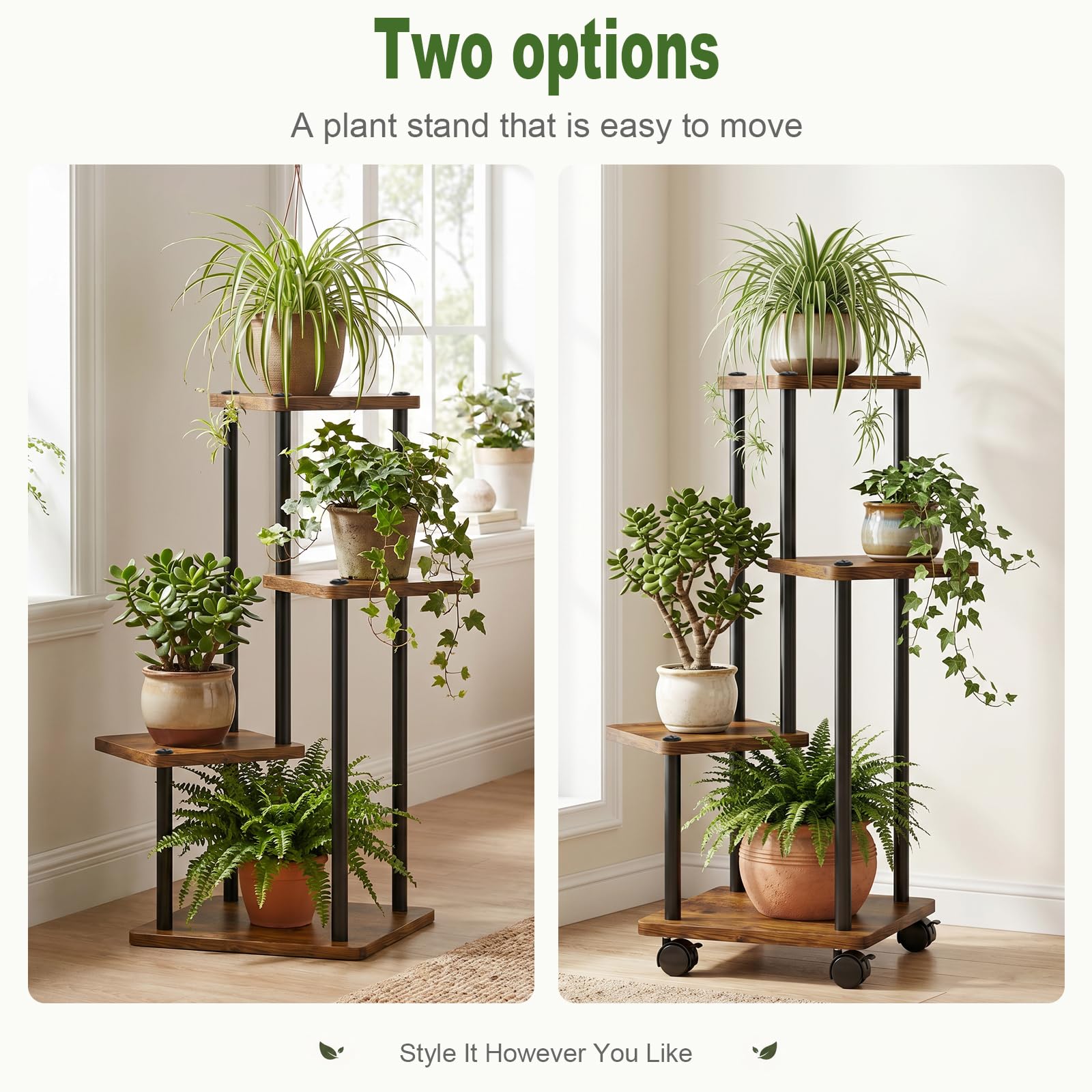 Support Plantes Intérieur À 5 Niveaux à roulettes, Porte Plante Intérieur, Étagère Plante En Métal Brun pour Intérieur Salon Jardin Extérieur, Marron (Sans Plantes)