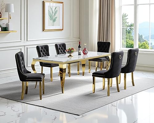 Miniatura 25 de Juego de mesa de comedor de mármol sintético, 7 piezas, juego de mesa de cocina y comedor para 6, mesa de comedor rectangular blanca de 70 pulgadas