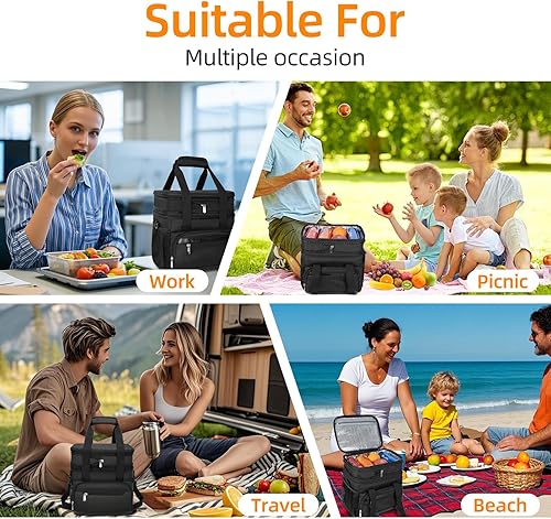 Miniatura 7 de Lonchera aislada para hombres y mujeres, bolsa de almuerzo de doble capa a prueba de fugas con correa ajustable para el hombro, enfriador de