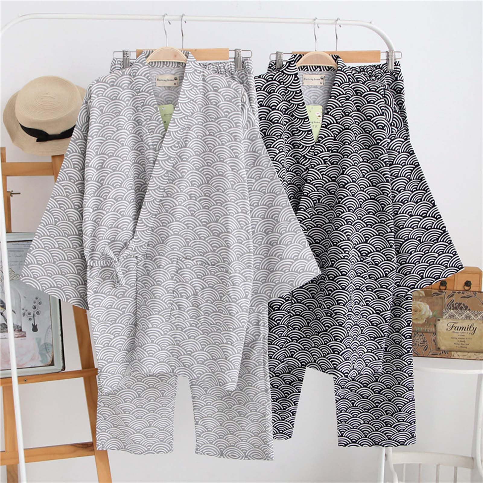ZEALMAX Kimono japonés camisa y pantalón, ropa de descanso de lino de algodón, conjunto de bata de baño, olas negras, talla única