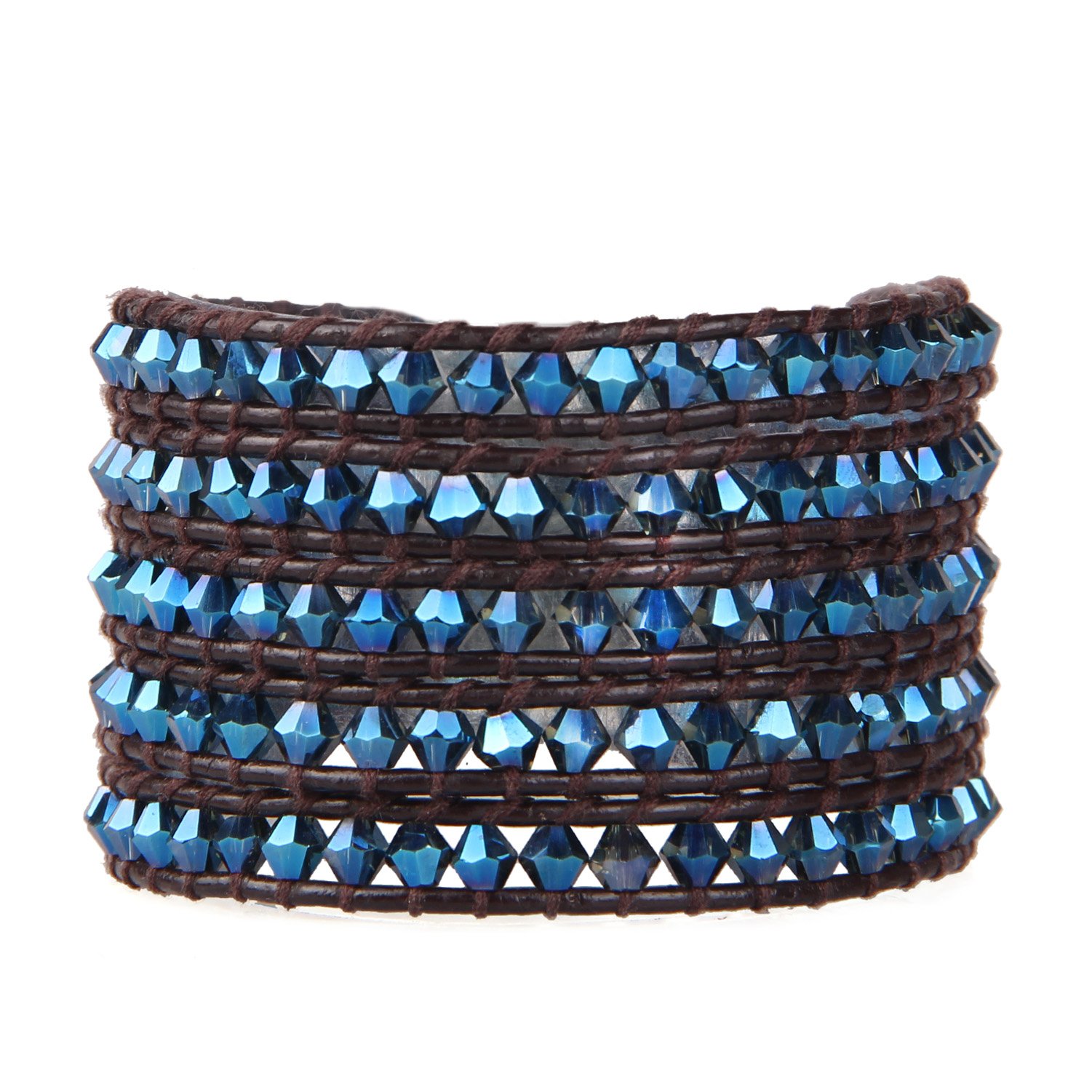 KELITCH Bracciale Donna In Cristallo Blu E Conchiglia Perlata – 3 Giri, Fatto A Mano, Lunghezza Regolabile 22-24 Pollici
