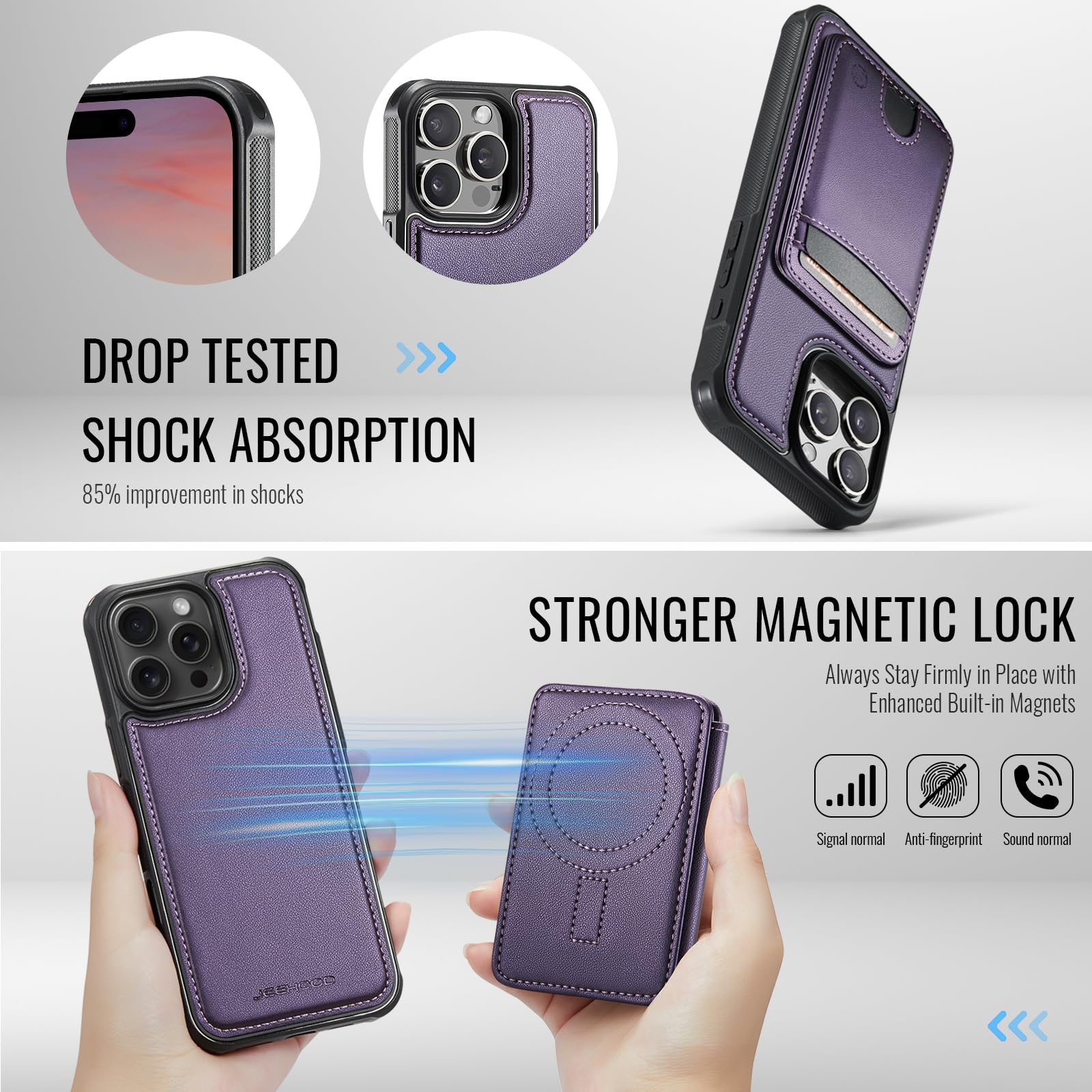 Custodia portafoglio staccabile per iPhone 15 ProMax,［Supporta la ricarica wireless］con RFID e porta carte magnetiche,custodia 2 in 1 in pelle PU per iPhone 15 ProMax（Viola）