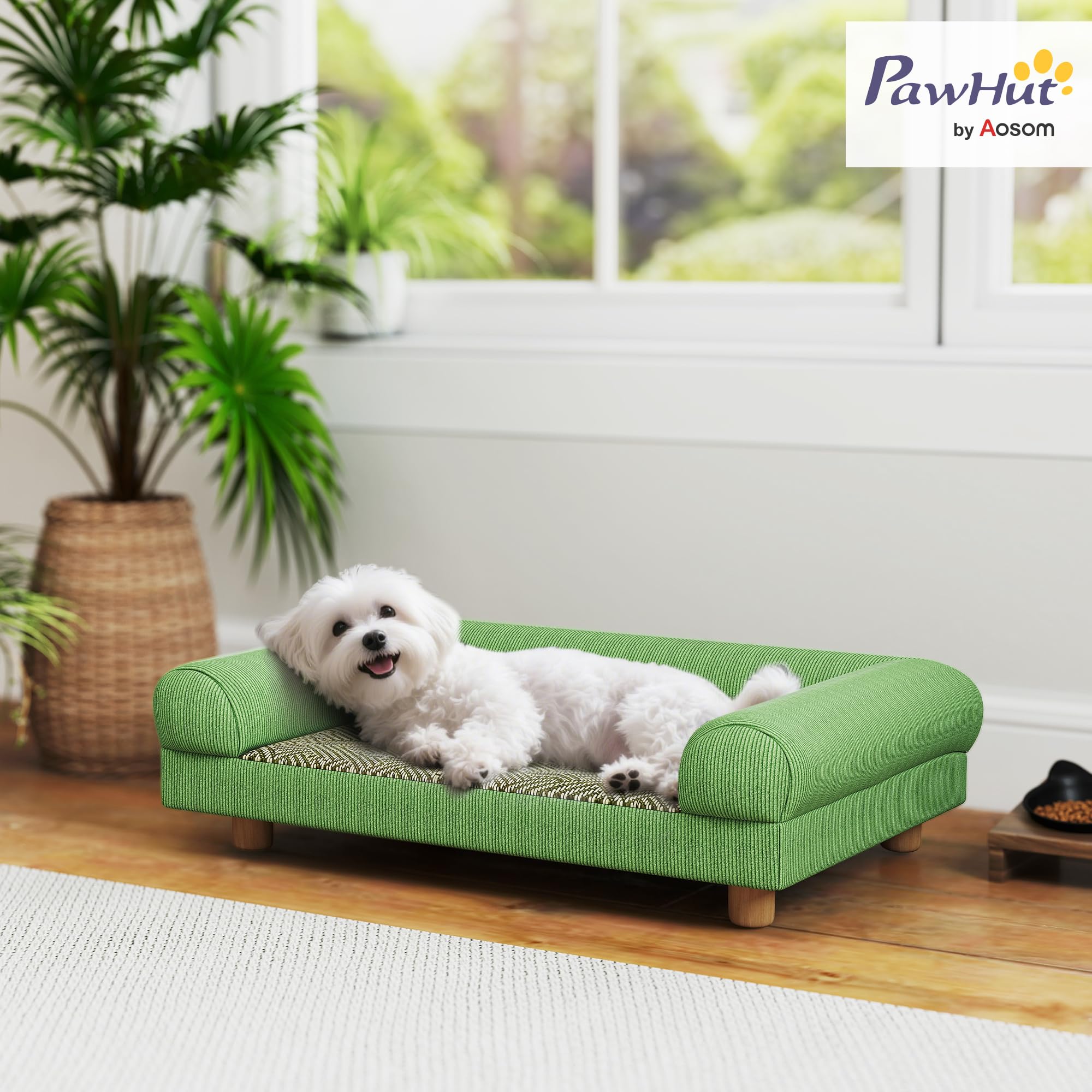PawHut Canapé pour Chien Chat lit pour Chien surélevé avec Assise de Tapis Frais, accoudoirs et Pieds, en Velours Doux, pour Animal jusqu'à 5 kg, 63 x 41 x 17 cm, Vert