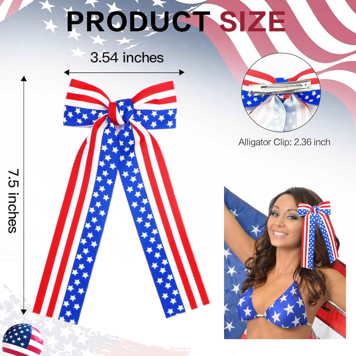 4th of July Patriotic Hair Bows for Girls & Women, American Flag USA Stars Stripe Hair Bow Clips Red White Blue Fourth of July Cheer Hair Accessories for Independence Day, (3.5 * 7.5) Inch - Image 2