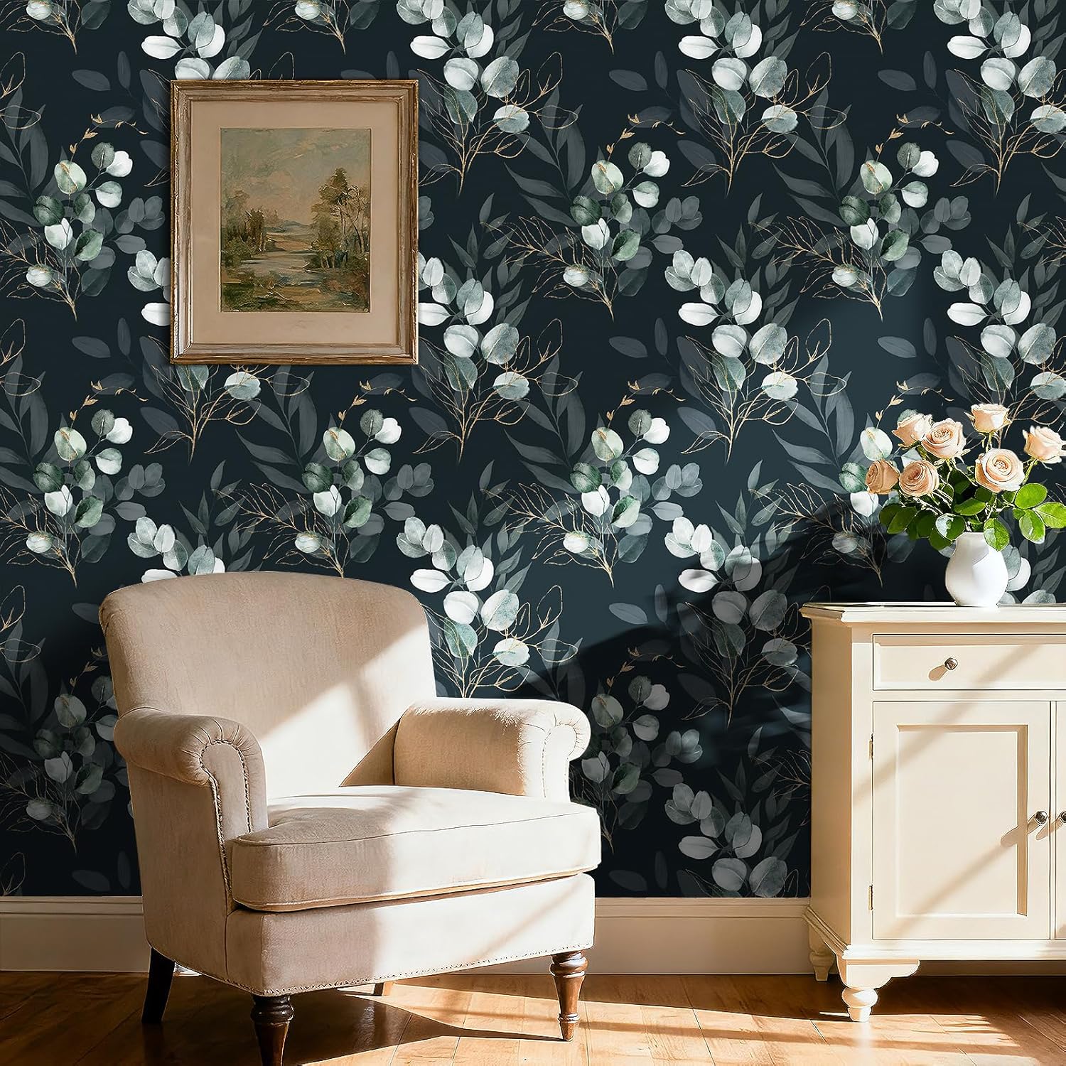 Dark Green Wallpaper with Gold Leaf Accent Dark Academia Wallpaper Peel and Stick Moody Botanical Nature Watercolor Removable Waterproof Luxury Green Contact Paper for Cabinets Boho 17.5x80