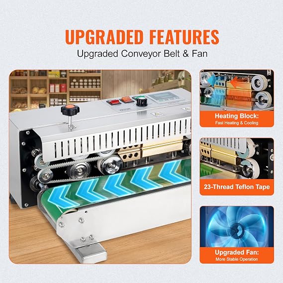 VEVOR Continuous Bag Band Sealing Machine, 0.24-0.47 in/6-12 mm Seal Width, Horizontal Band Sealer Machine with Digital Temperature Control Stainless Steel Bag Sealer for 0.02-0.8 mm Plastic Bag Film